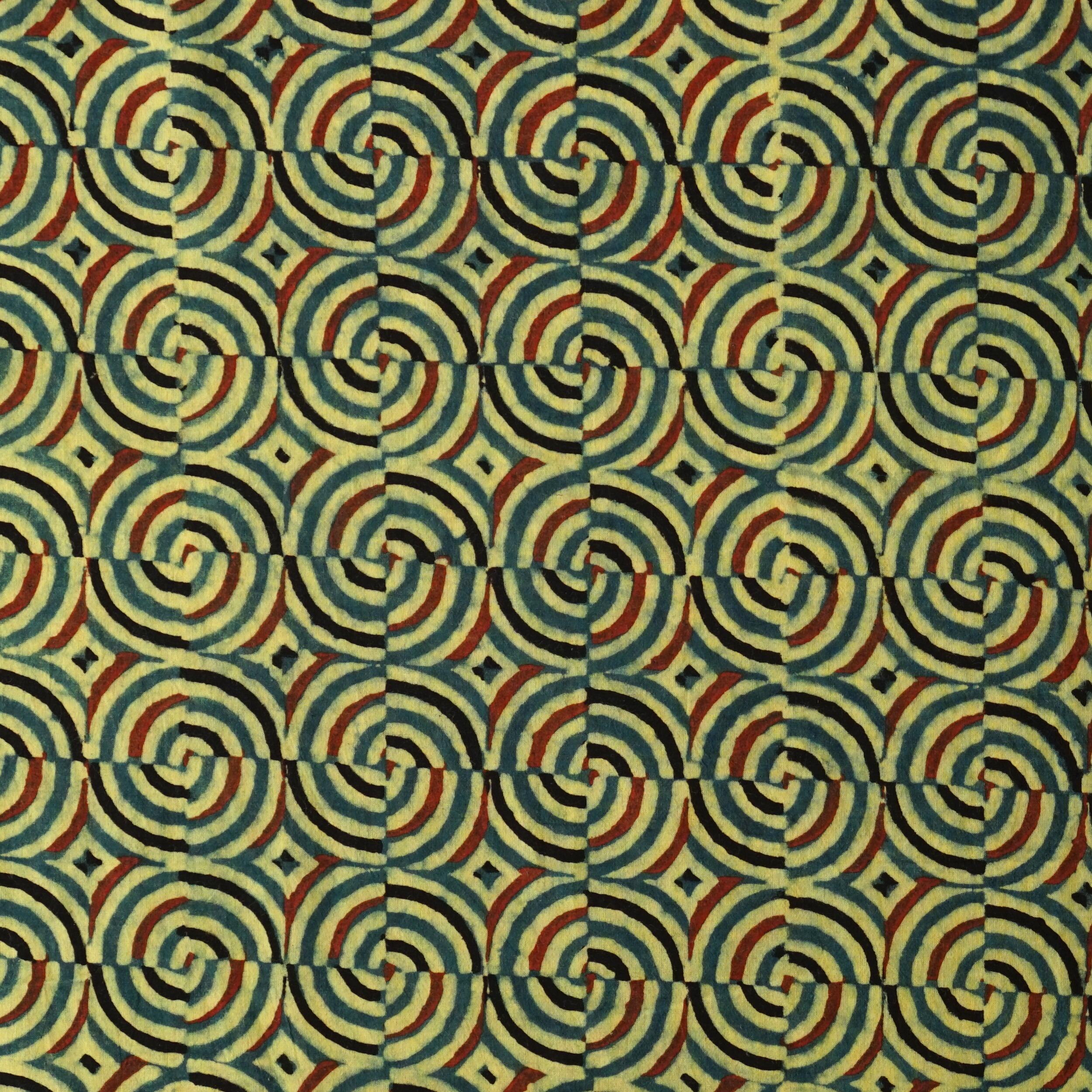 SIK41 - Wood Block-Printed Cotton - Kaleidascope Design - Green Indigo, Yellow, Red & Black Dye - Flat