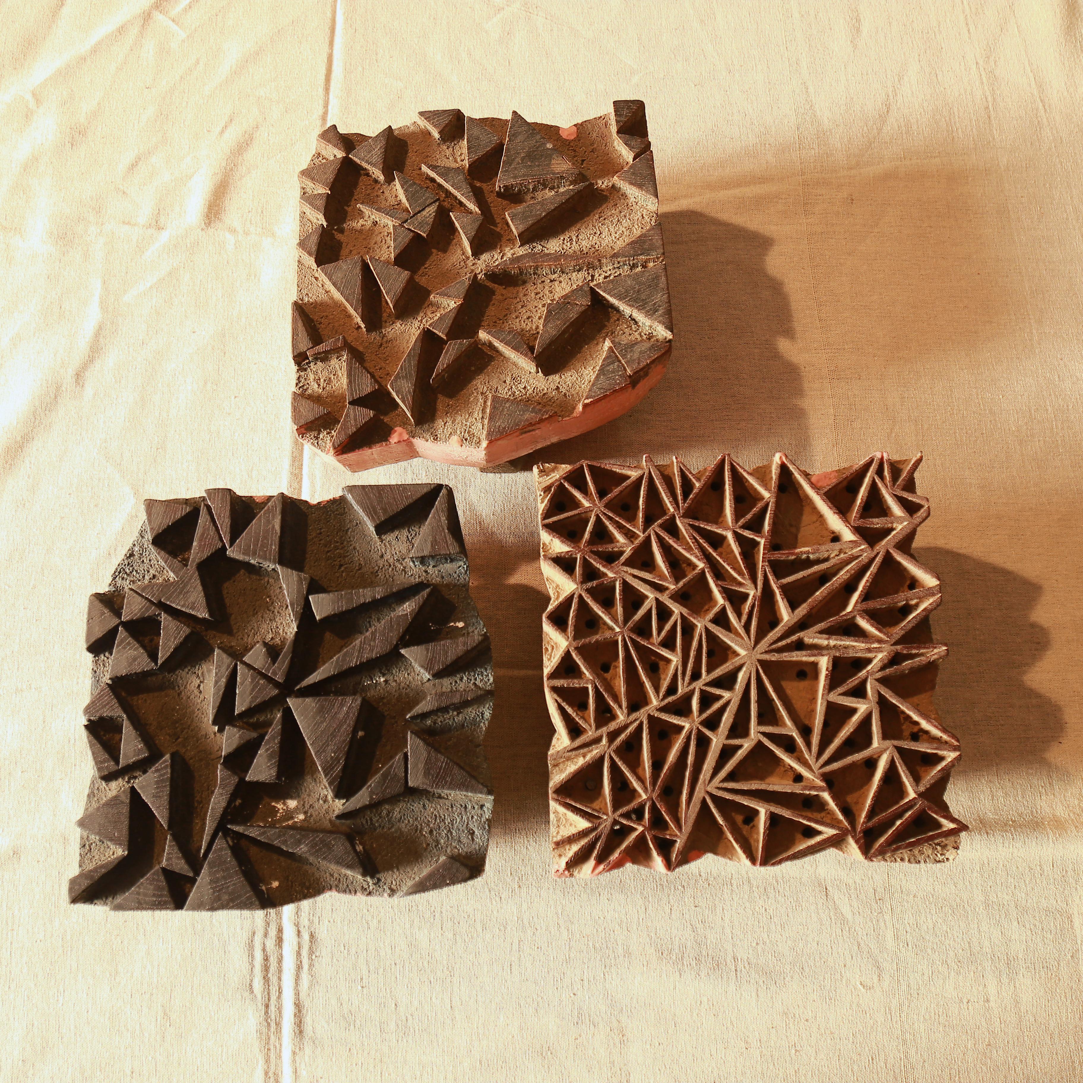 SIK34 - Indian Block-Printed Cotton - Shattered Design - Indigo, Red & Black Dye - Blocks