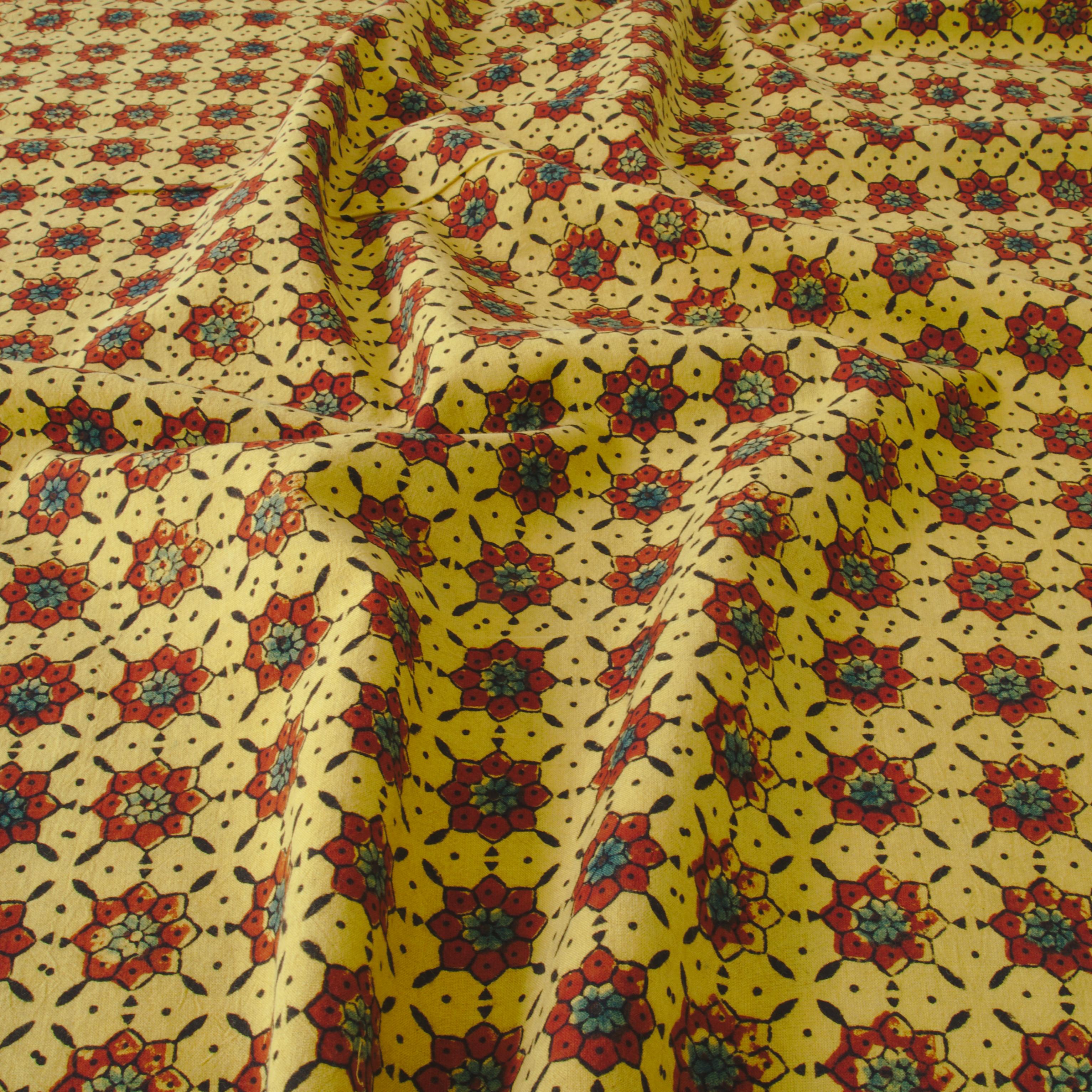 100% Printed Cotton - Starburst Print - Turmeric Yellow, Alizarin Red, Black, Indigo - Angle