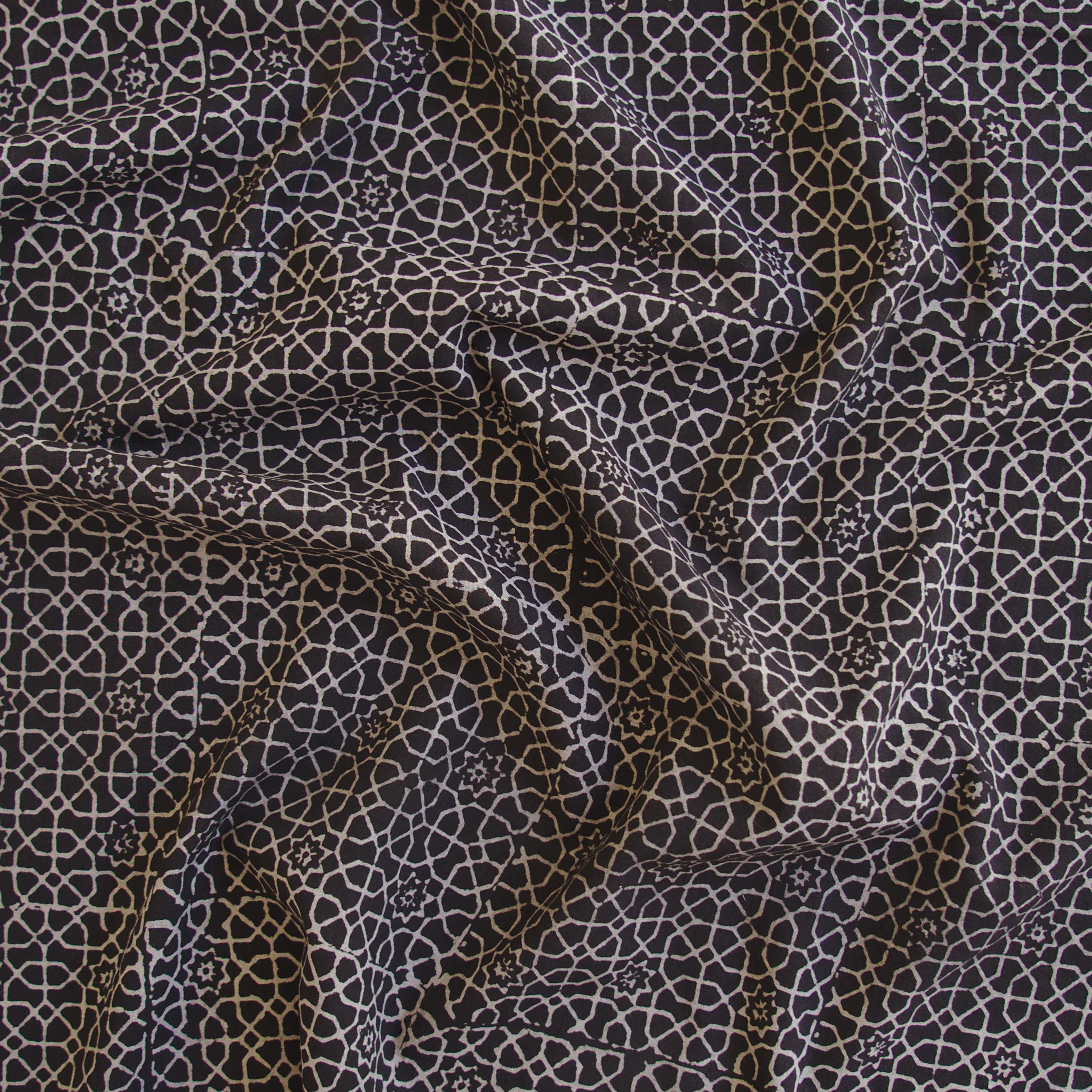 Block Printed Fabric, 100% Cotton, Ajrak Design: Iron Black Base, White Octagon. Contrast