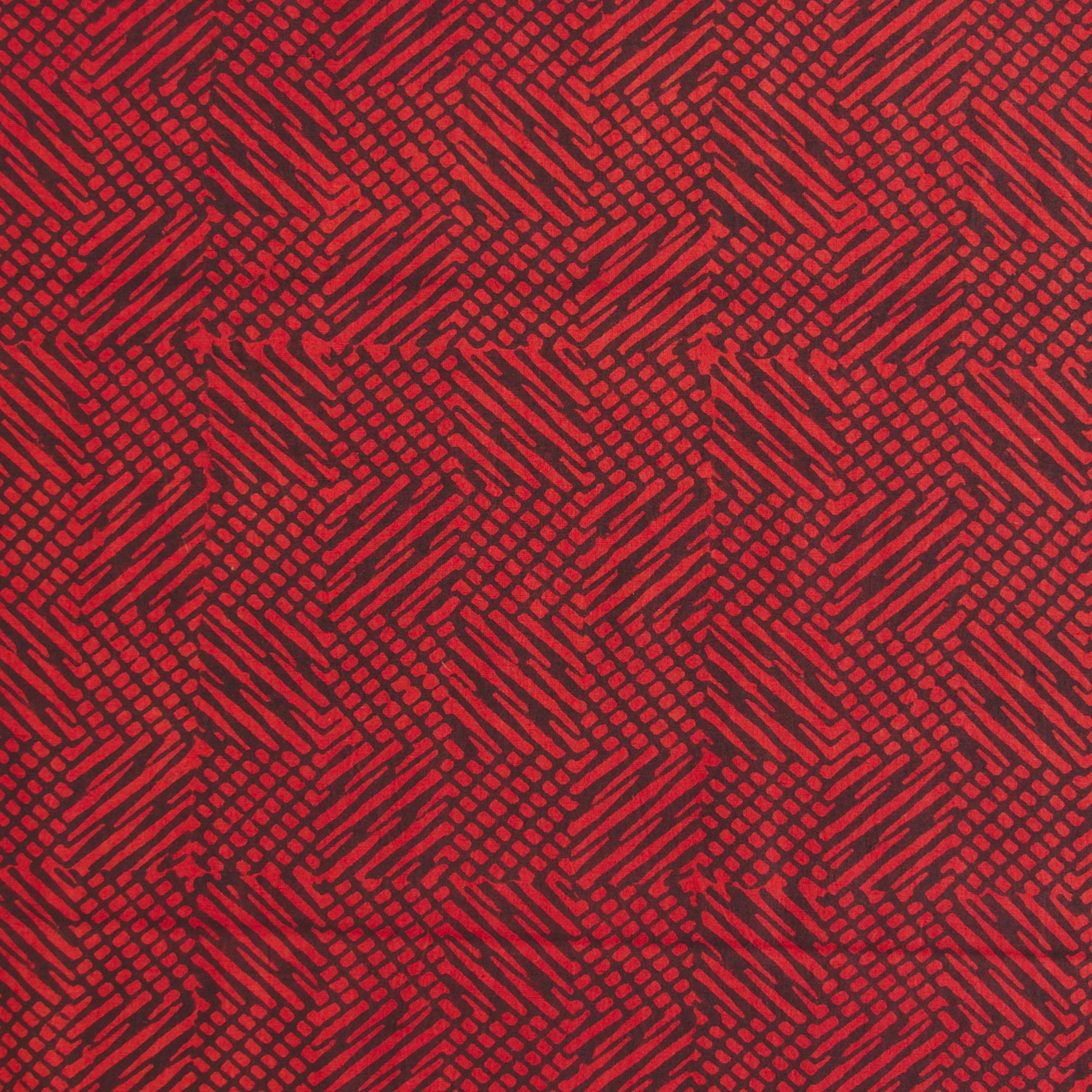 SIK29 - Block-Printed Cotton Yardage Sample - Squiggle Design - Black Iron and Red Alizarin Dye - Flat