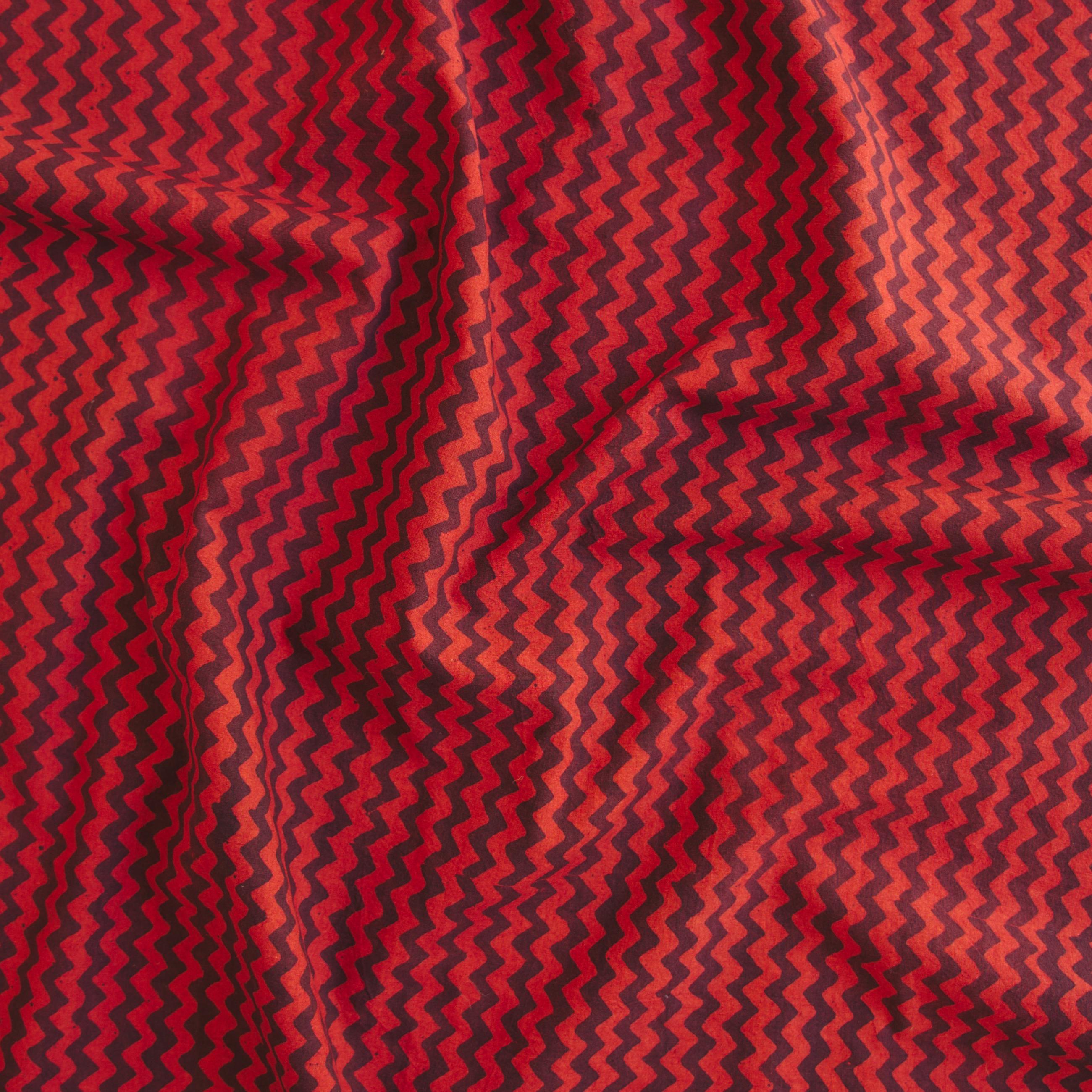 100% Block-Printed Cotton Fabric From India- Ajrak - Alizarin Black ZigZag Print - Contrast