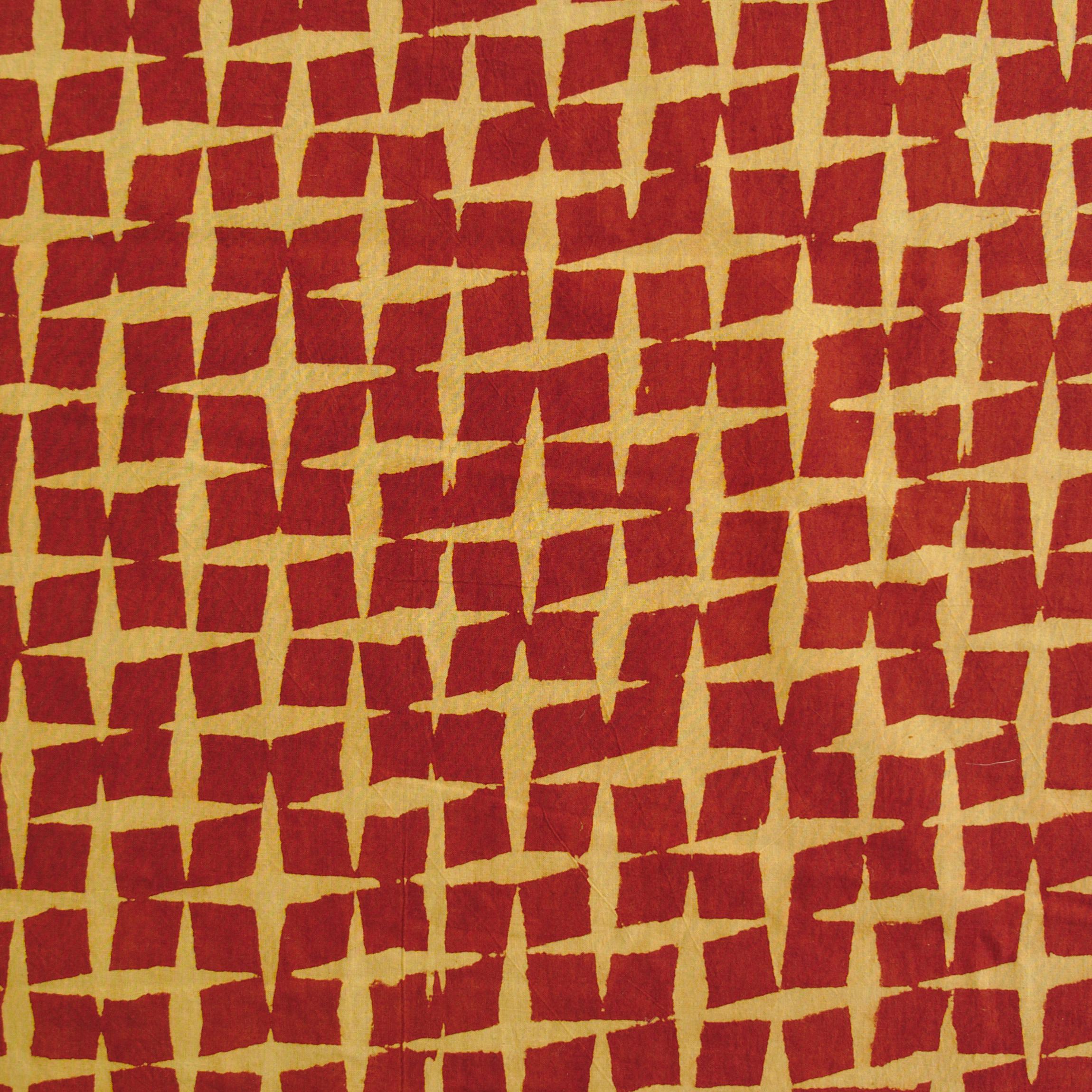 100% Block-Printed Cotton Fabric from India - Ajrak - Alizarin Maroon Crosses, Turmeric Yellow Spray Print - Ruler