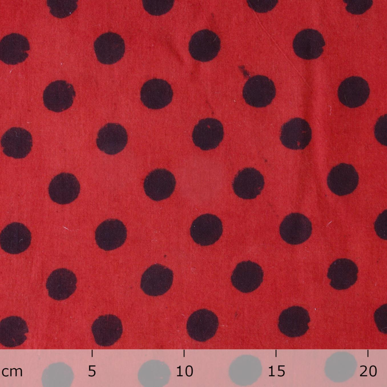AHM16 - Block-Printed Cotton Fabric From India - Dots Motif - Black Iron and Red Alizarin Dye - Ruler - Live