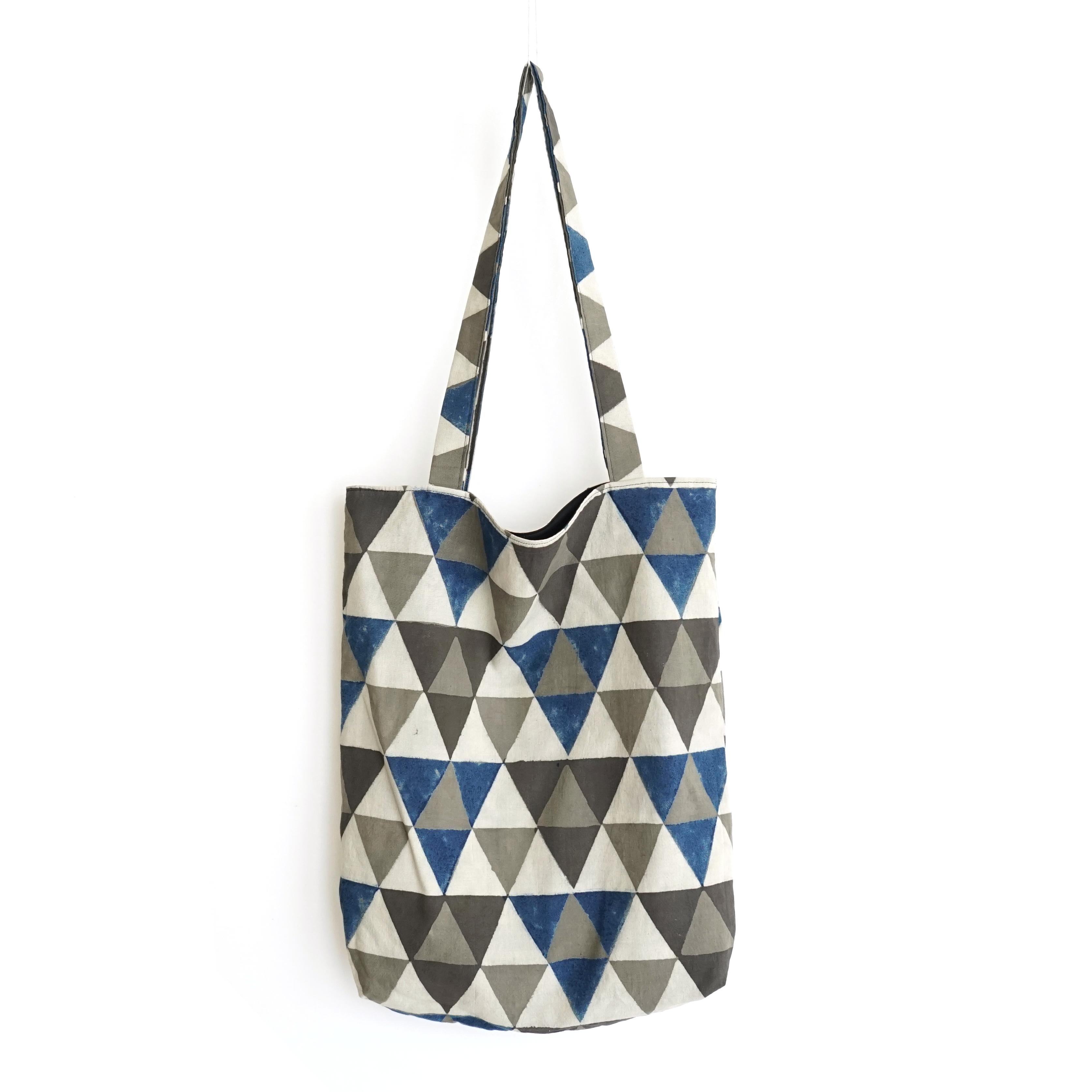 block printed cotton tote bag, natural dye, beige, blue black grey triangle design, lined with black cotton, closed