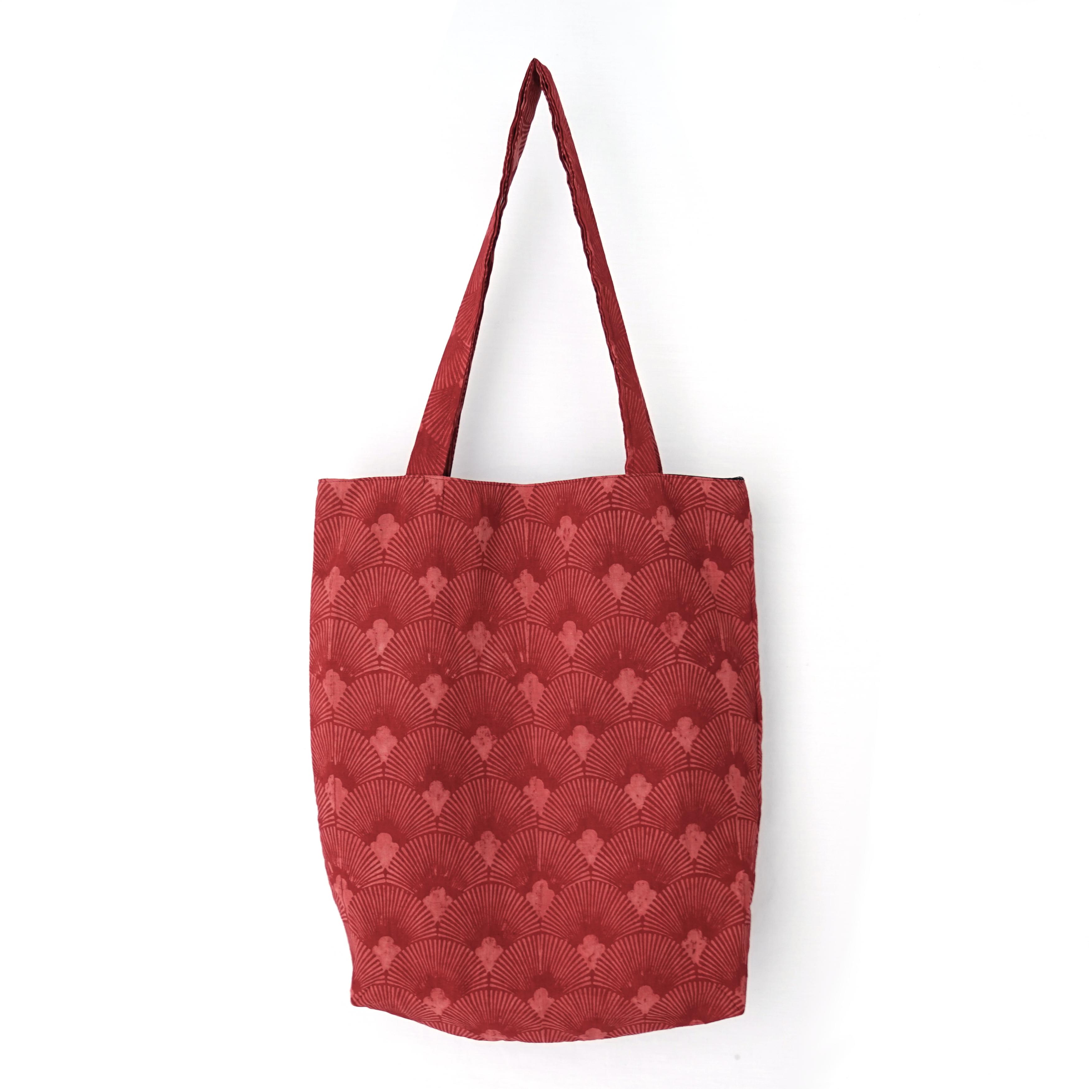 1 - TB021 - Block-Printed Tote Bag - Alizarin Red Dye - Shell Design - Closed