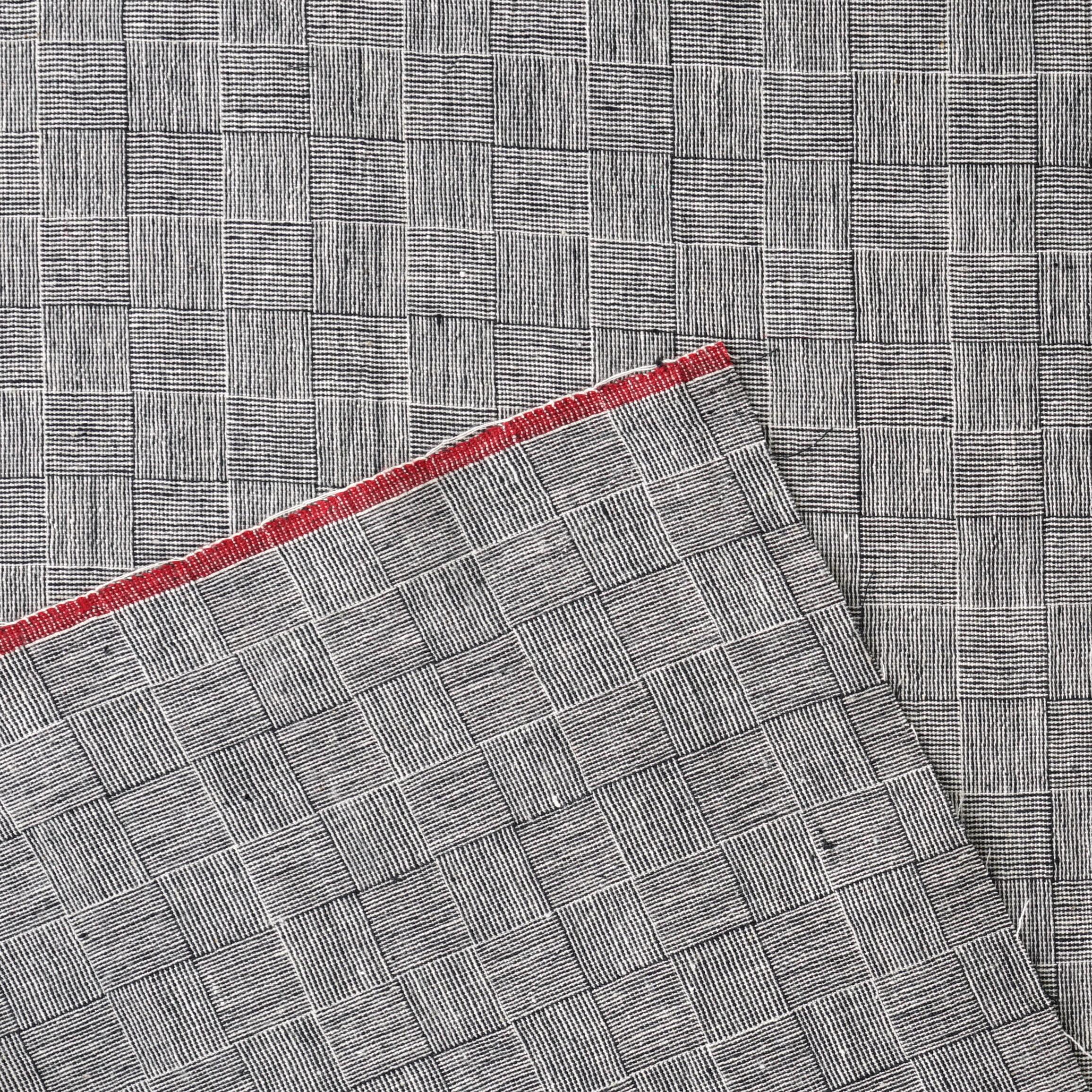 KJC12 - Indian Handloom-Woven Organic Kala Cotton Fabric - Plain 1 by 1 Weave - Checkers Design - Black Reactive Thread Dye - Selvedge