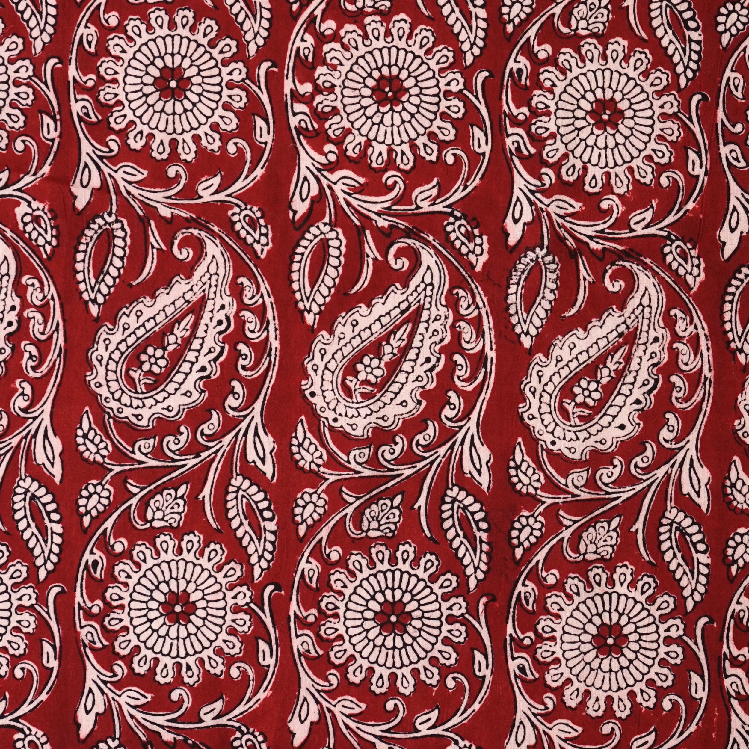 2 - ISK11 - 100% Block-Printed Cotton Fabric From India - Sichuan Pepper Design - Iron Rust Black & Alizarin Red Dyes - Flat