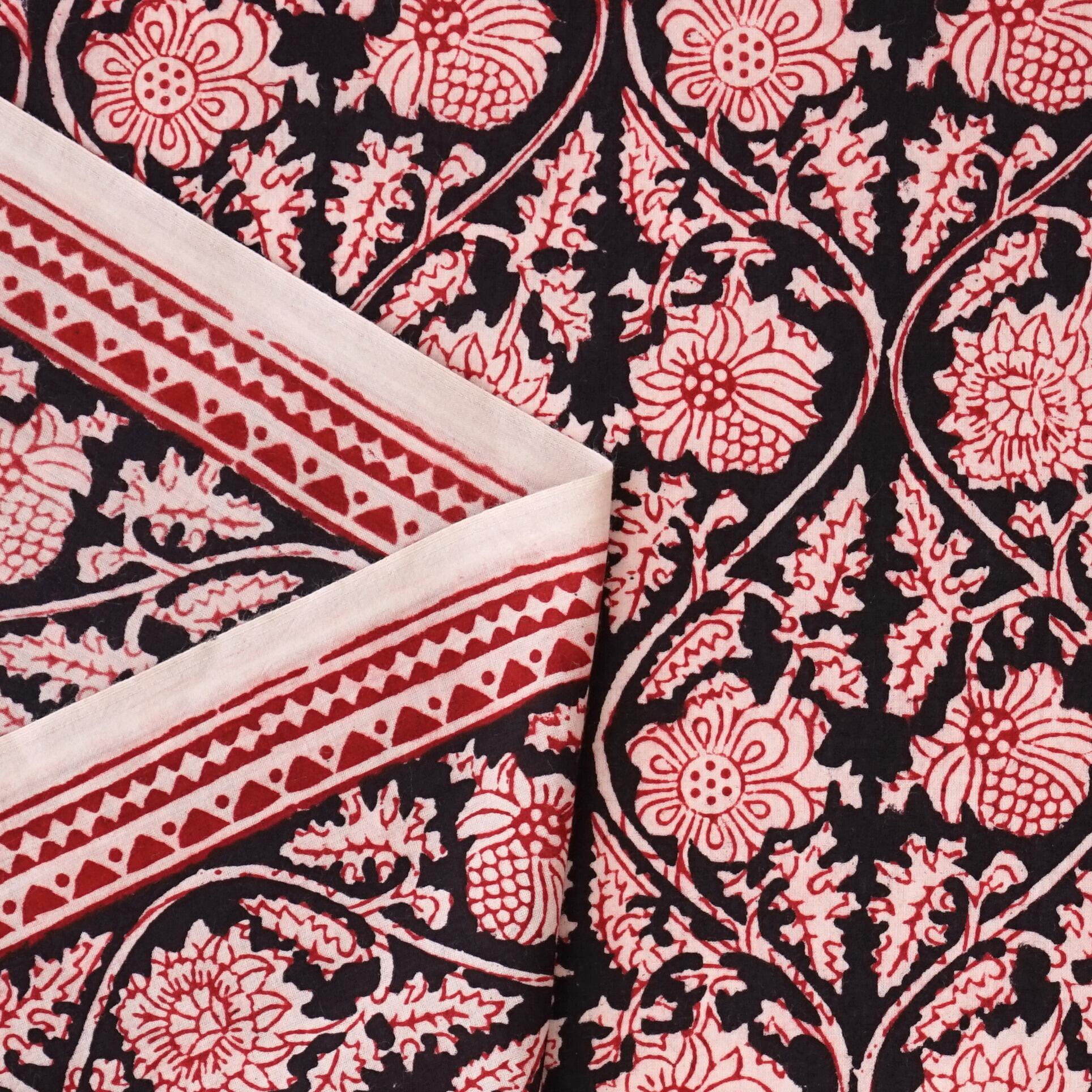 100% Block-Printed Cotton Fabric From India - Vinea Design - Iron Rust Black & Alizarin Red Dyes - Selvedge