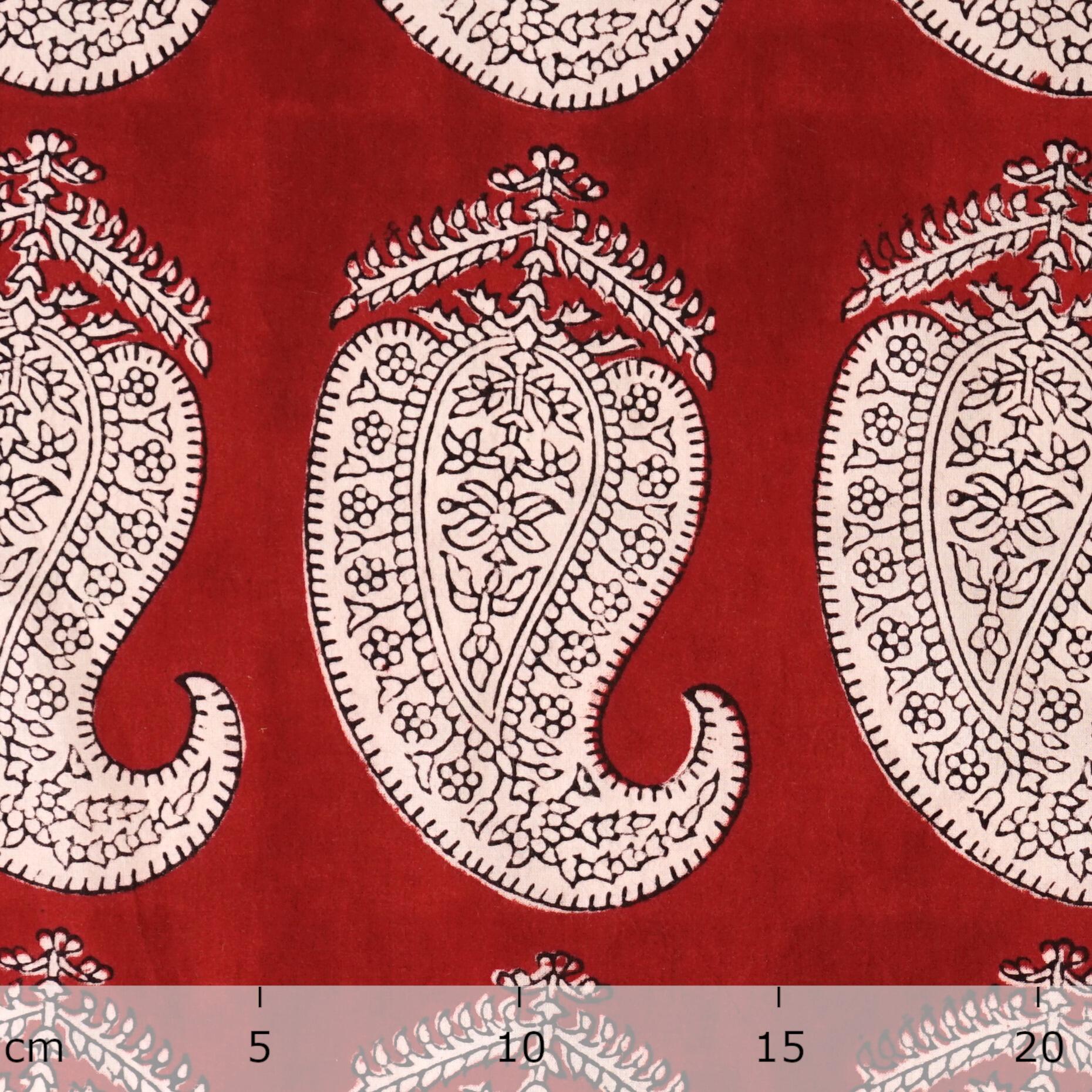 100% Block-Printed Cotton Fabric From India - Breadfruit Design - Iron Rust Black & Alizarin Red Dyes - Ruler