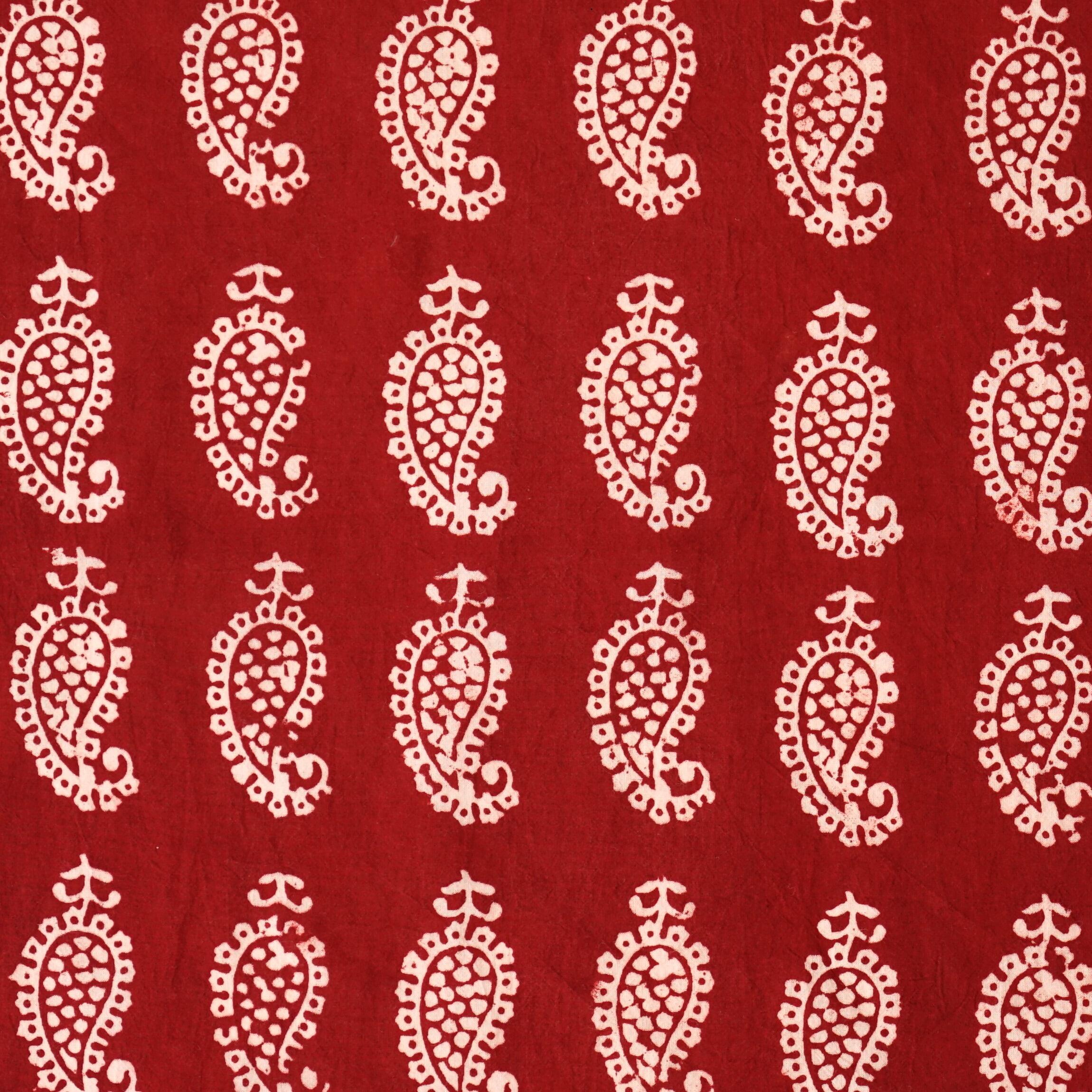 100% Block-Printed Cotton Fabric From India - Raindrops Design - Iron Rust Black & Alizarin Red Dyes - Flat