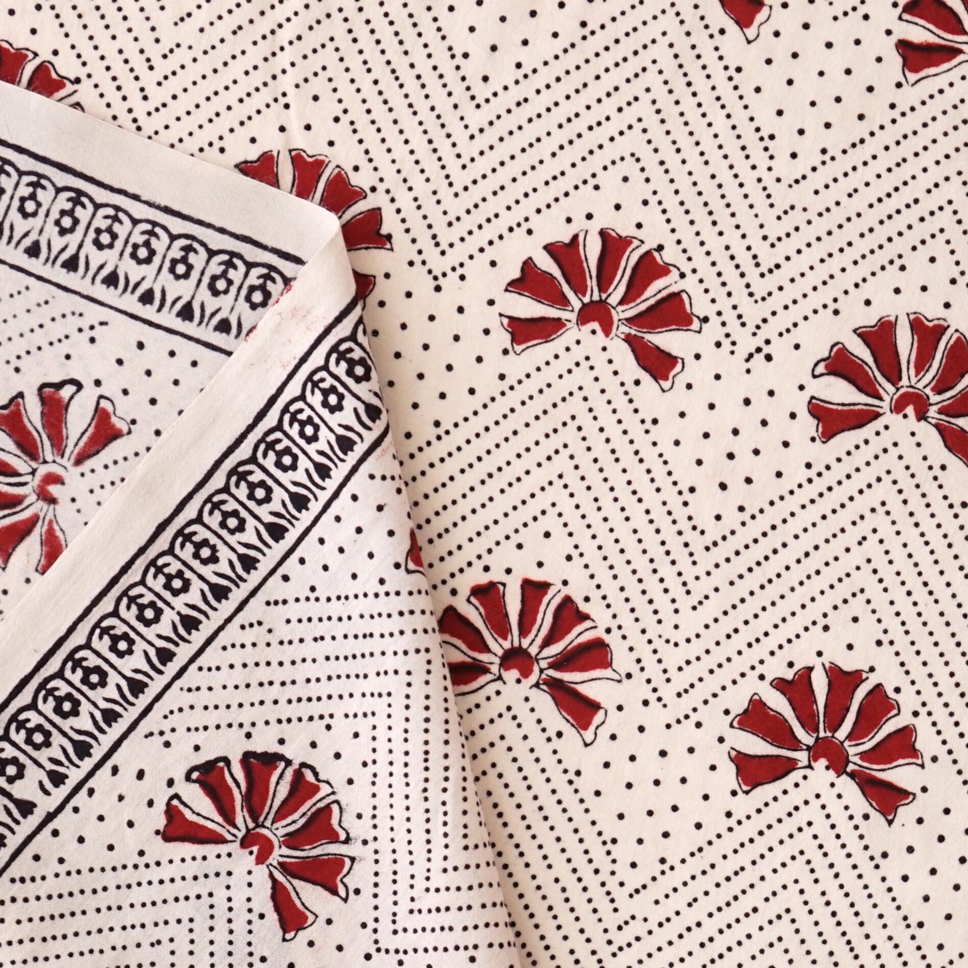 100% Block-Printed Cotton Fabric From Bagh, India - Escape to the Beach - Iron Rust Black & Alizarin Red Dyes - Selvedge