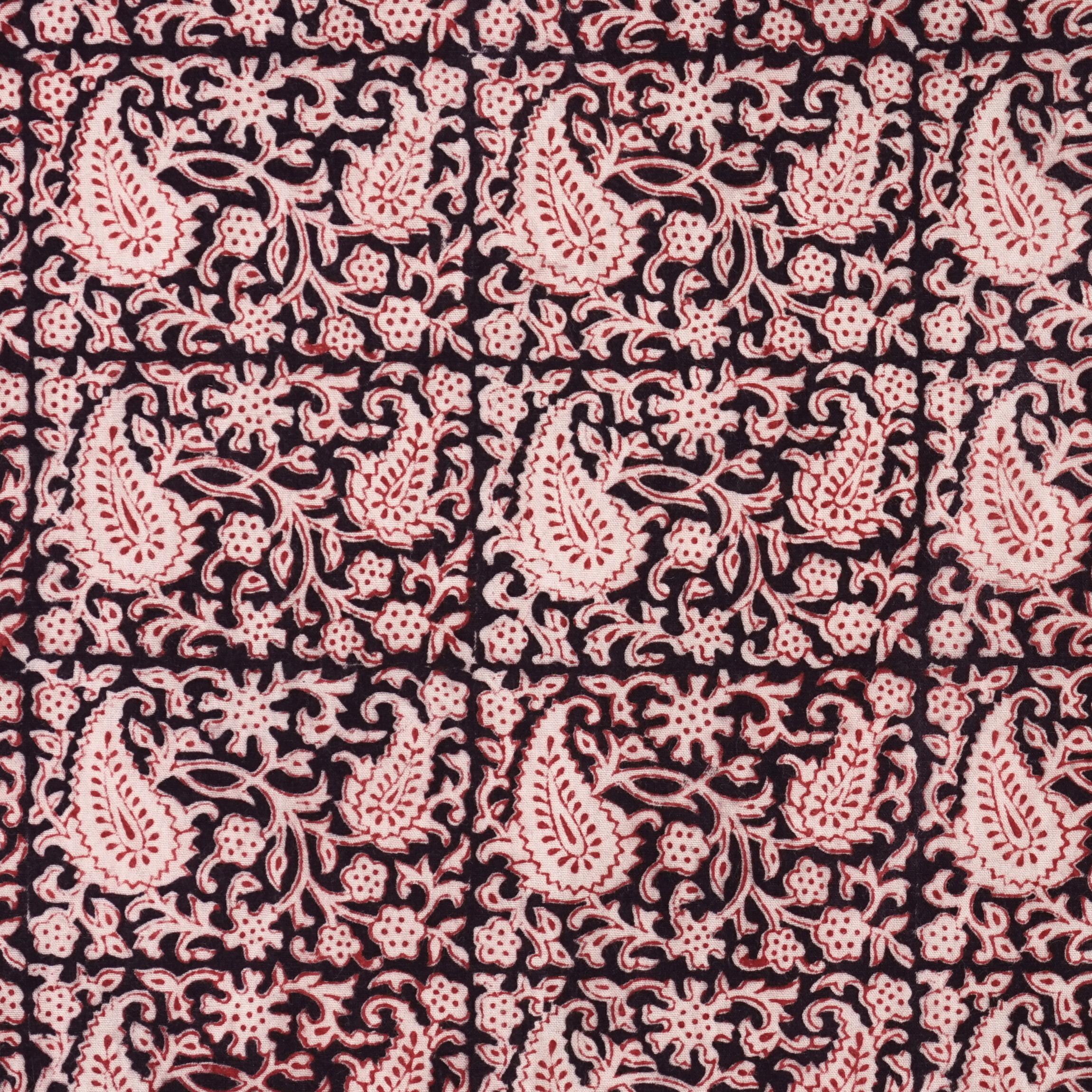 100% Block-Printed Cotton Fabric From India- Bagh - Iron Rust Black Alizarin Red Tulgey Wood Print - Flat
