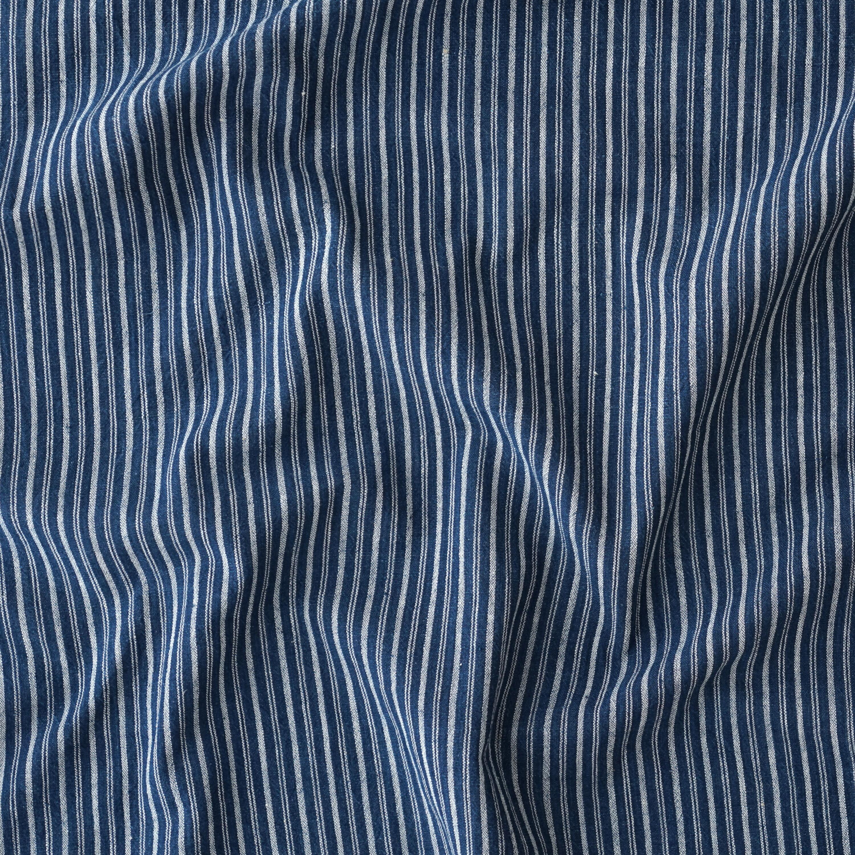 100% Handloom Woven Cotton - Double Stripes - Natural Indigo Warp & Weft, White Warp - Contrast