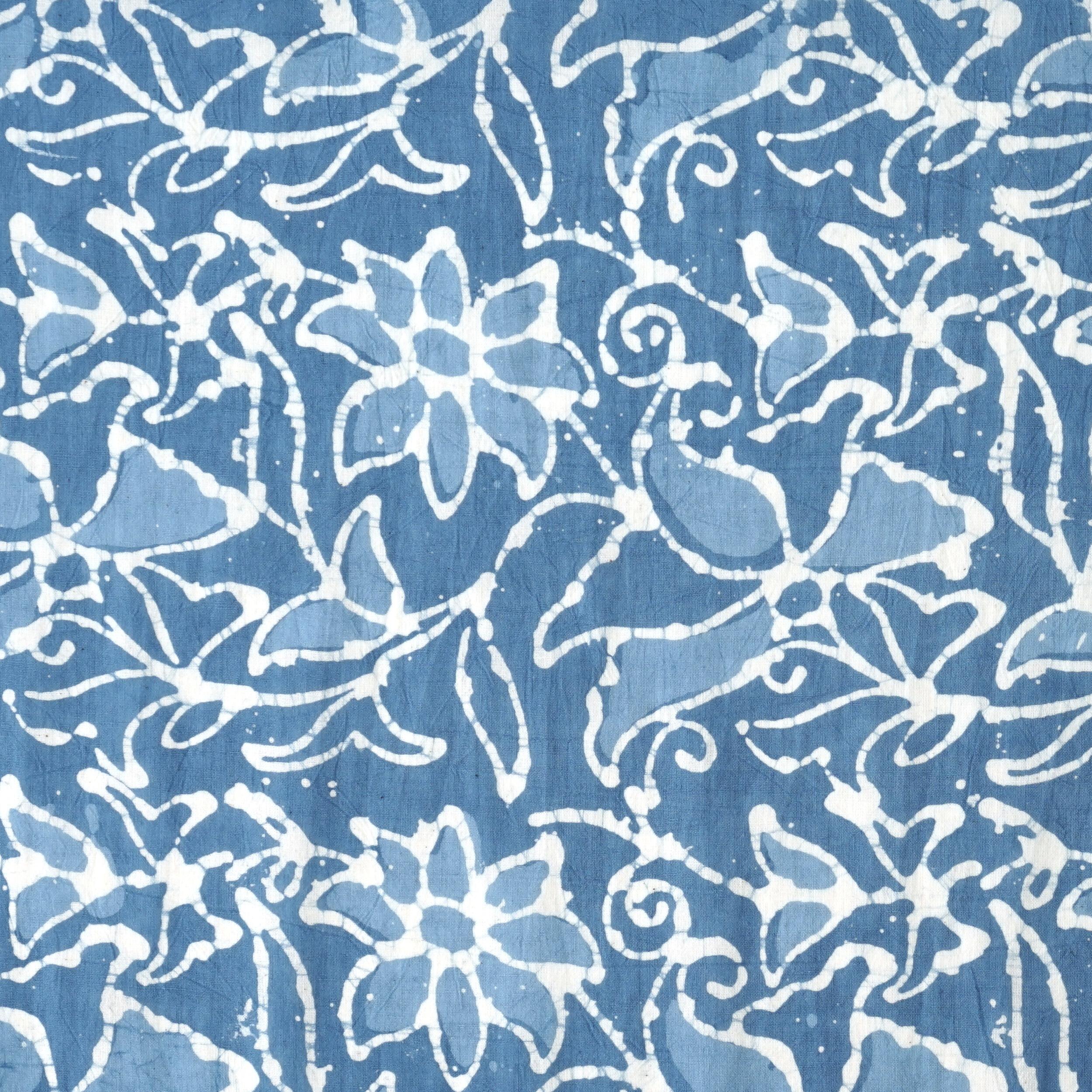 100% Block-Printed Batik Cotton Fabric From India - Blooming Blue Motif - Flat