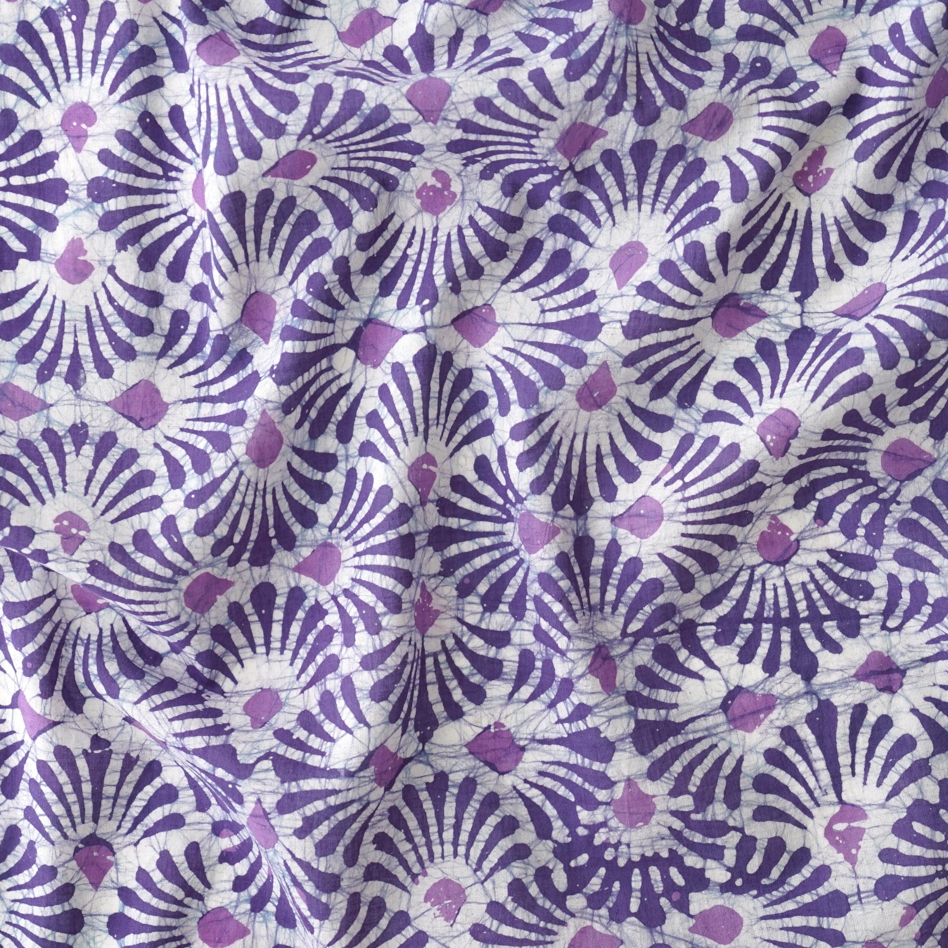 100% Block-Printed Batik Cotton Fabric From India - Castanets Design - Purple Reactive Dye - Contrast