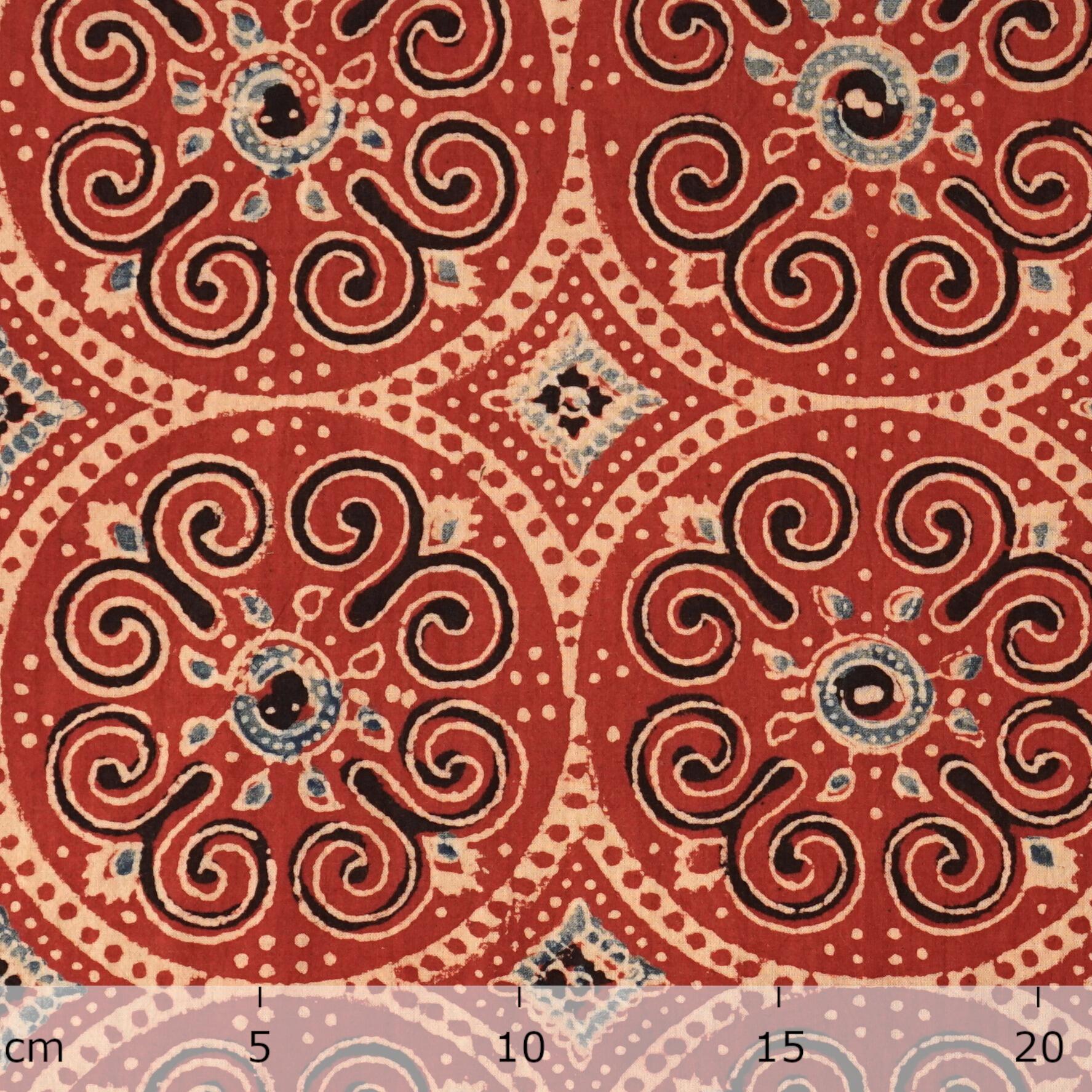 Traditional Ajrak Block-Printed Cotton - Ratatouille Print - Iron Black, Alizarin Red, Indigo - Ruler