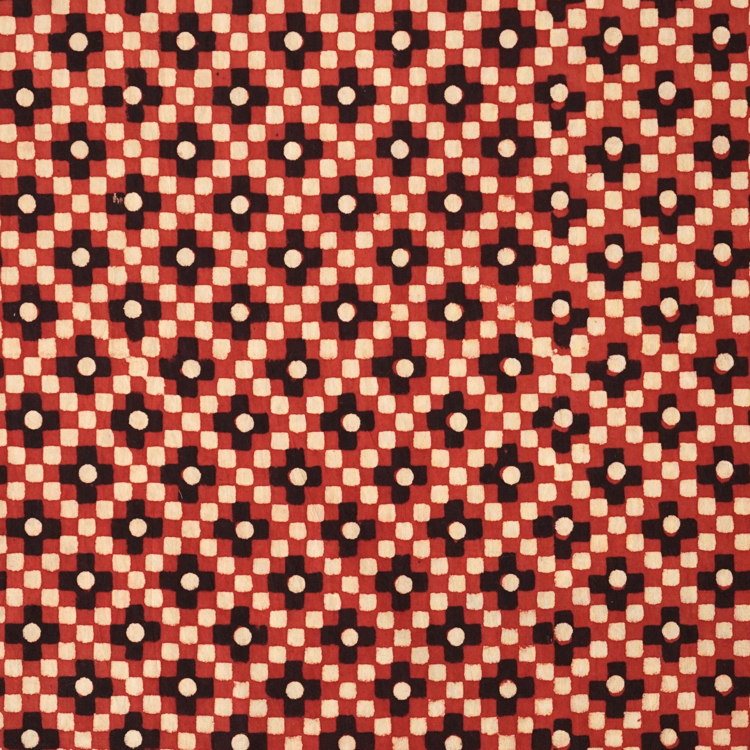 SIK04 - Hand Block-Printed Cotton - Mosaic Design - Red, Yellow & Black Dye - Flat