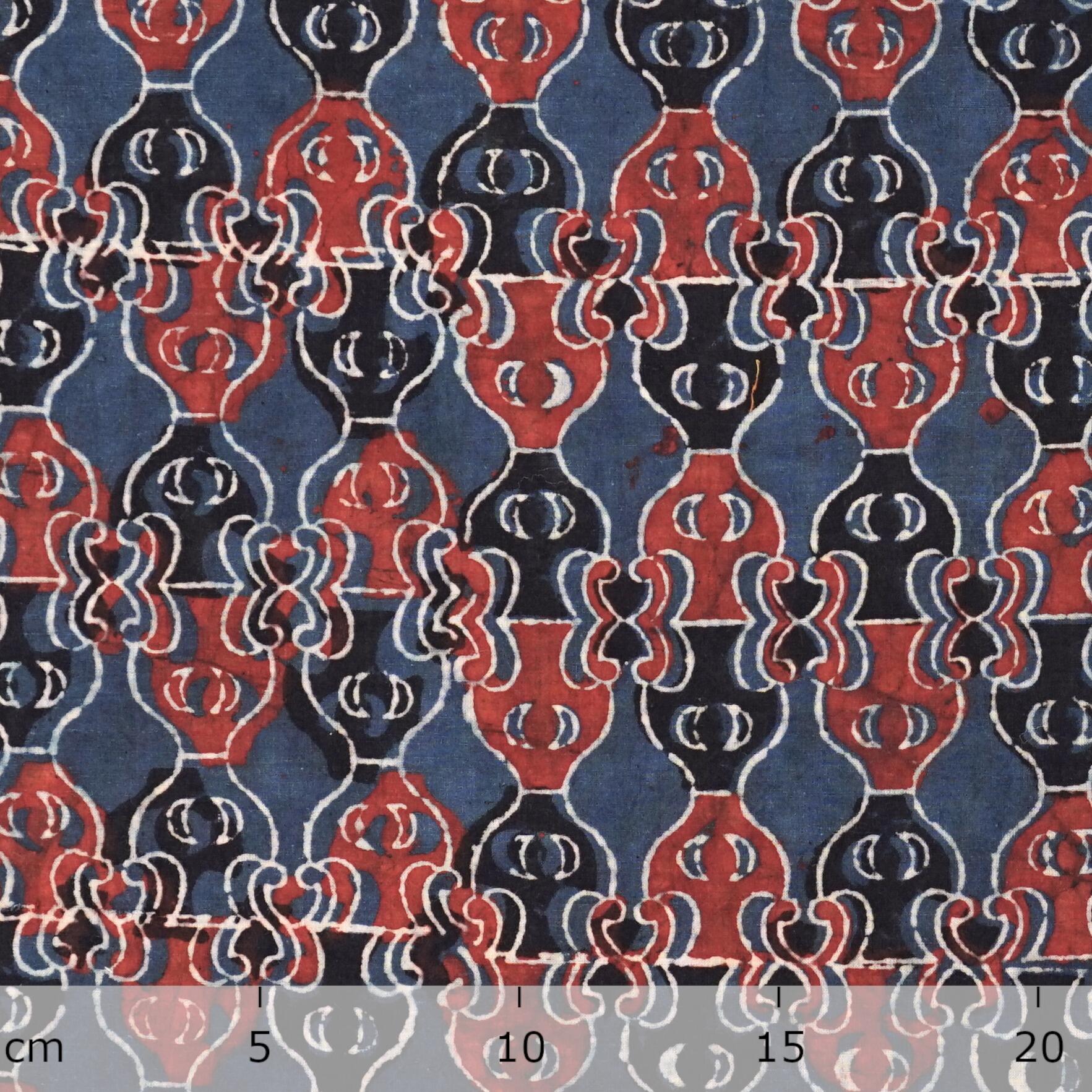 Block Printed Fabric, 100% Cotton, Ajrak Design: Indigo Blue Base, Iron Black, Madder Red Pump. Ruler