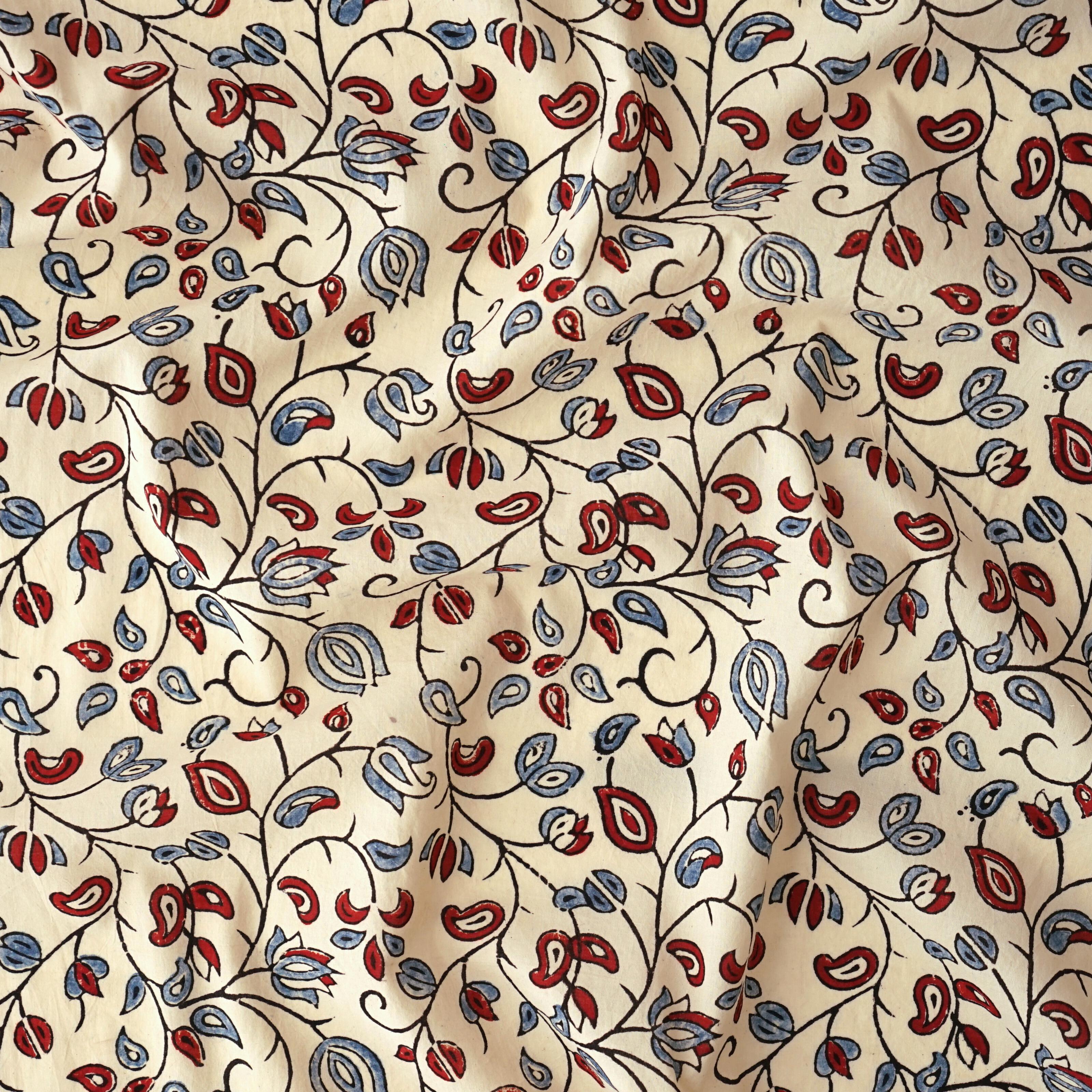 Block-Printed Cotton - Climbing Print -  Alizarin Red, Indigo and Black Dyes - Contrast