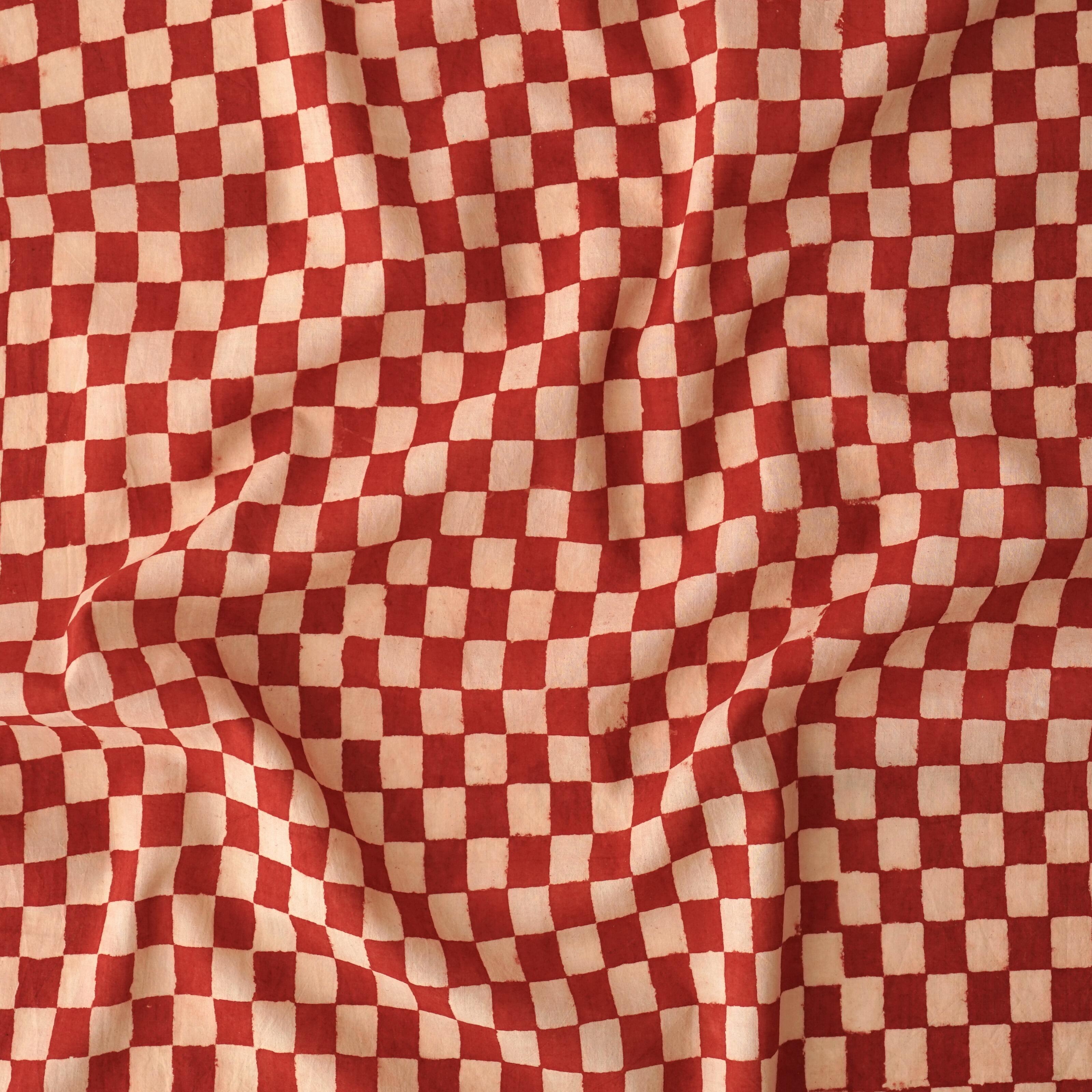 Hand Block-Printed Cotton - Checkers Print - Red Alizarin & White - Contrast