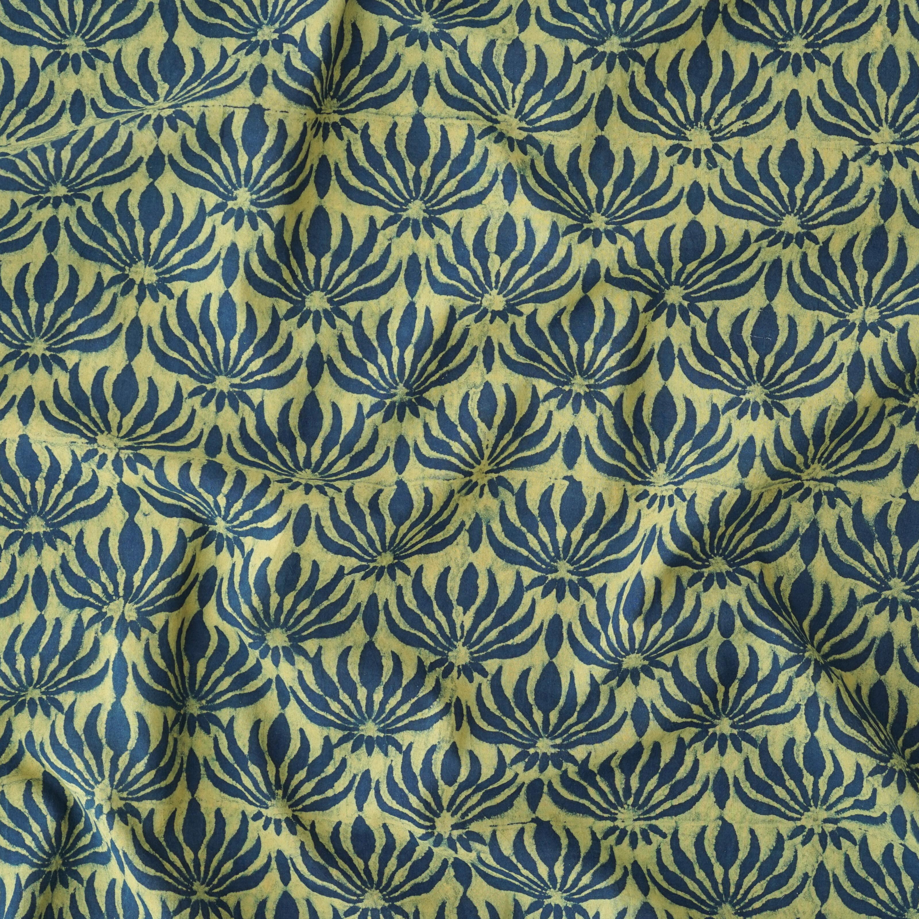 AHM54 - Block-Printed Fabric - Lotus Flower Design - Indigo & Tamarisk Dyes - Contrast