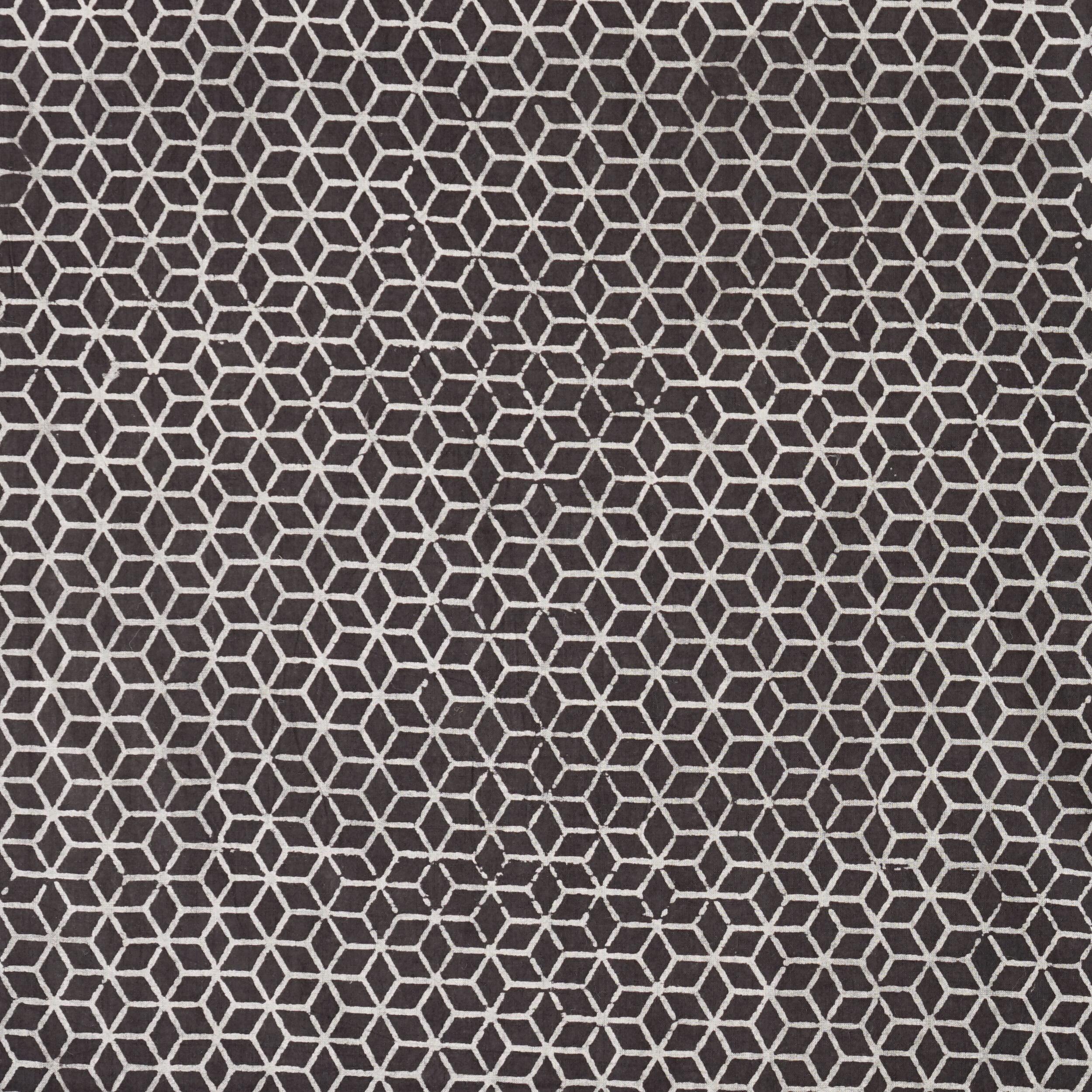 Block Printed Fabric, 100% Cotton, Ajrak Design: Iron Black Base, White Tumbling Block. Flat