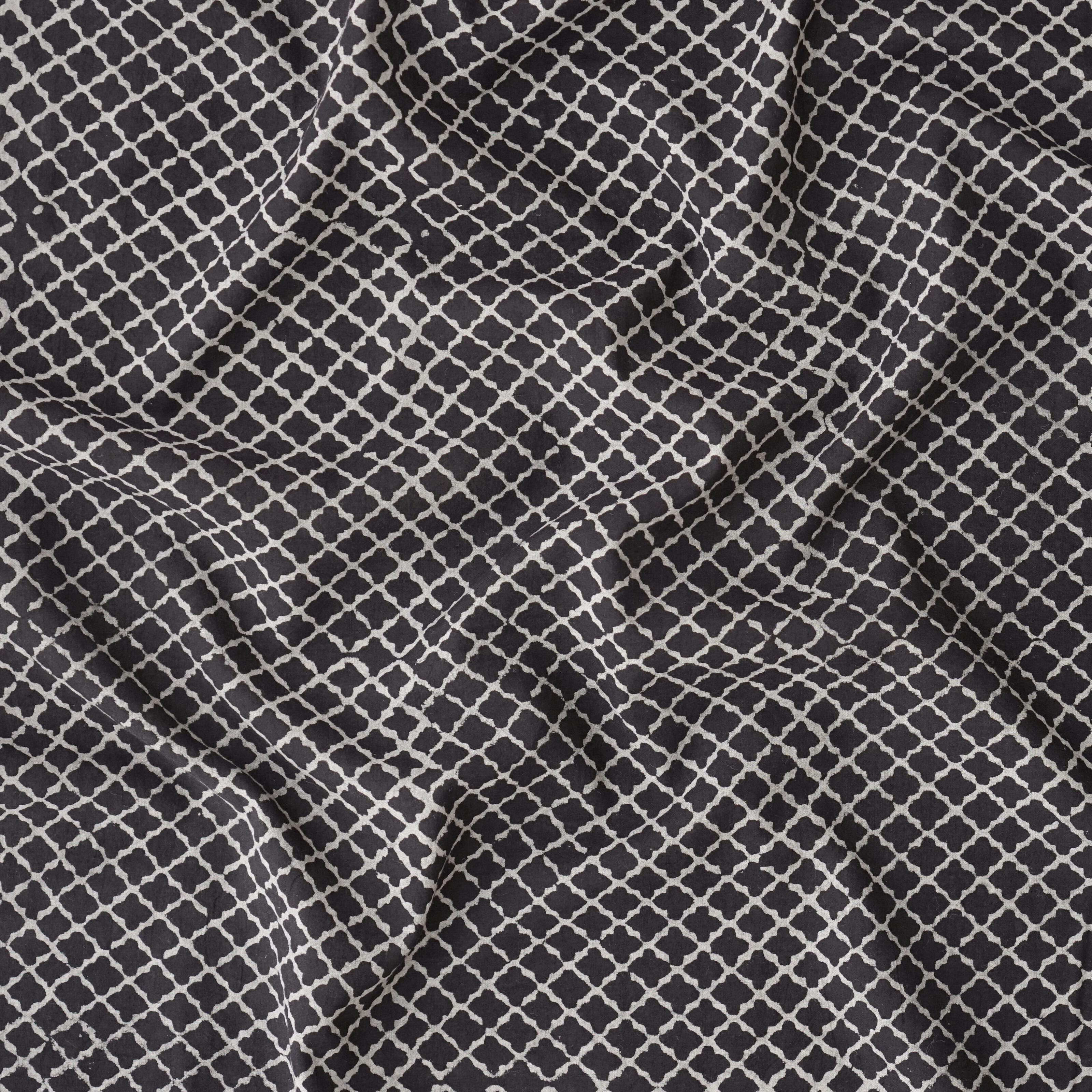 Block Printed Fabric, 100% Cotton, Ajrak Design: Iron Black Base, White Clover. Contrast