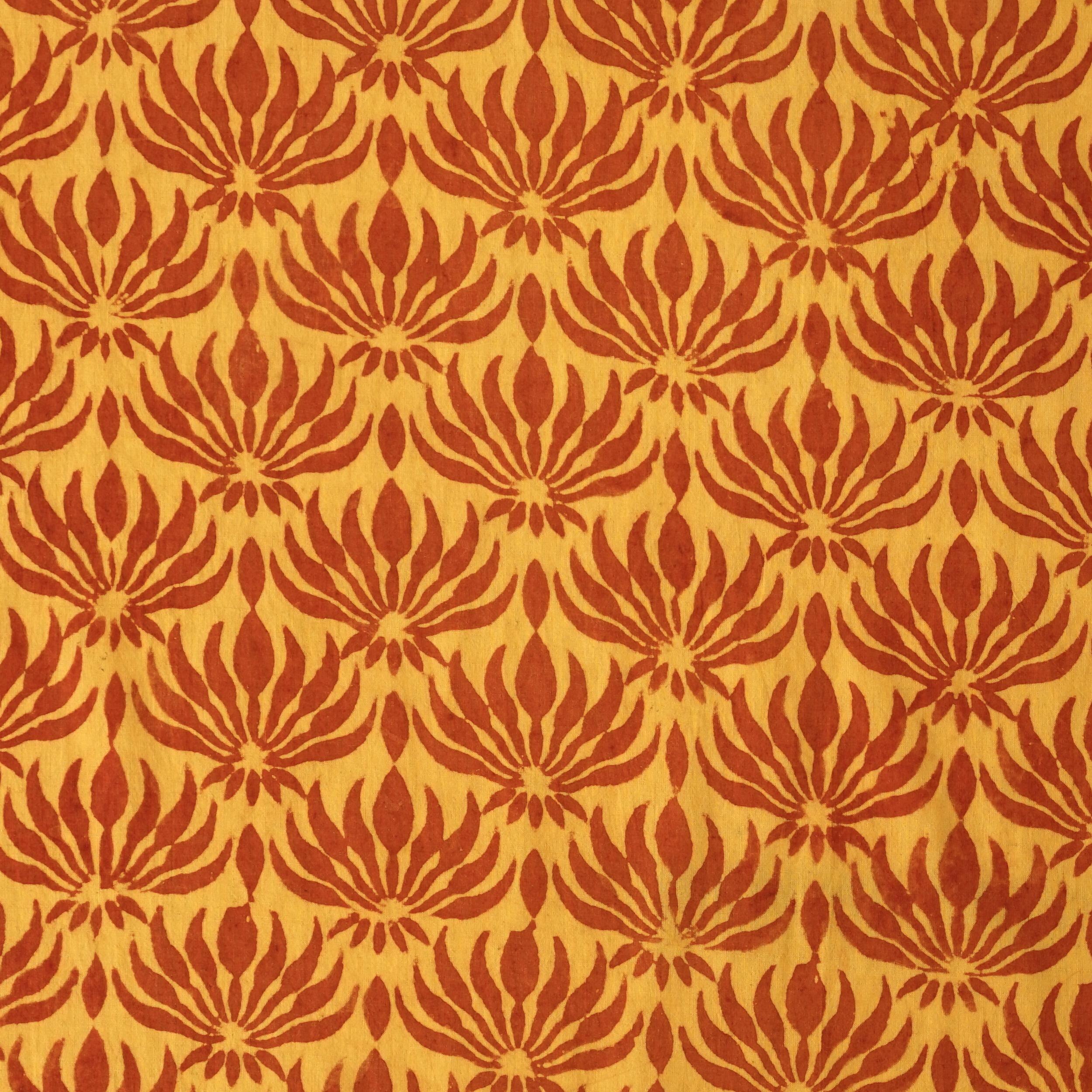 3 - AHM01 - 100% Block-Printed Cotton Fabric from India - Ajrak - Alizarin Maroon Lotus Flower, Turmeric Yellow Spray Print - Flat