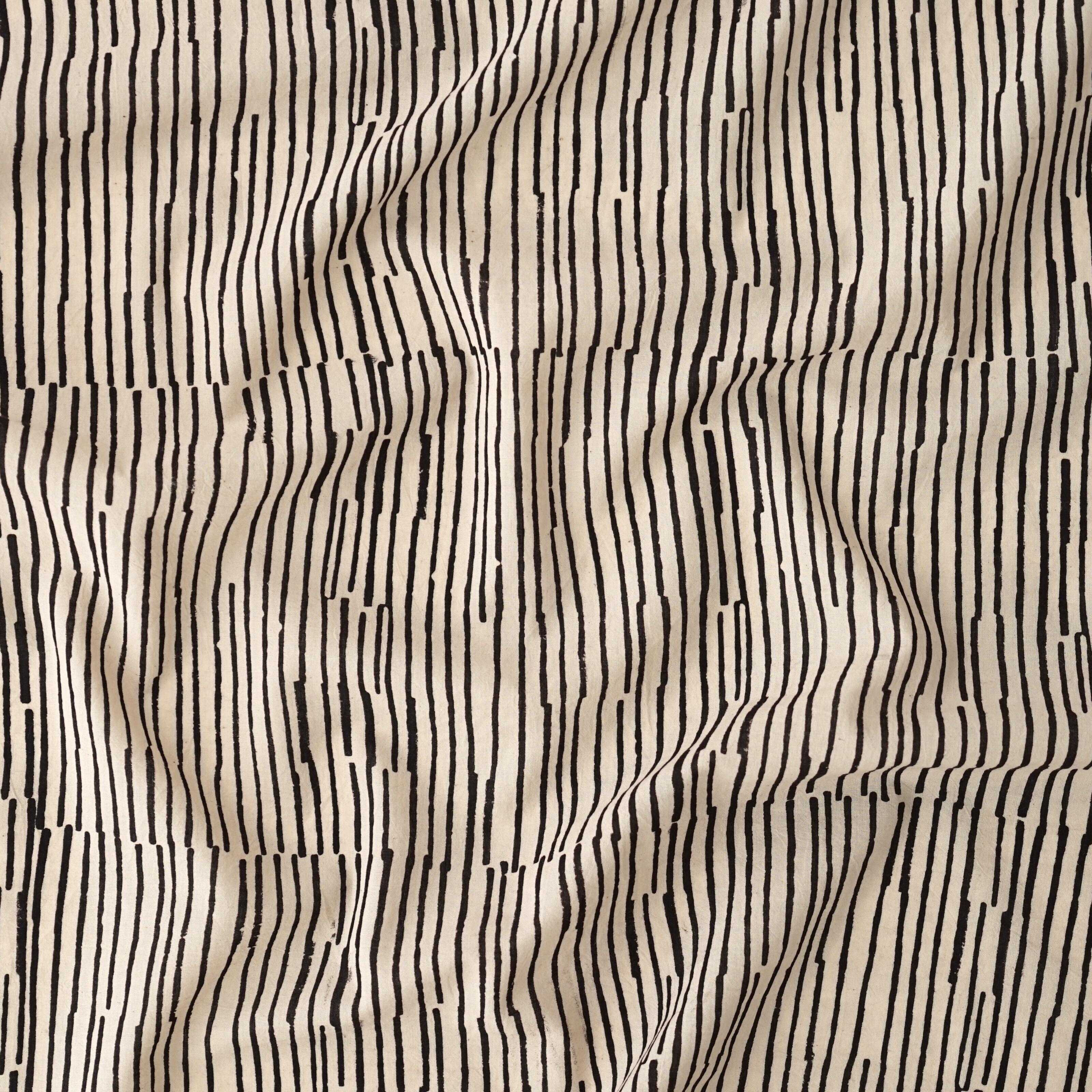 100% Block-Printed Cotton Fabric From India- Ajrak - Indigo Black Broken Lines Print - Contrast