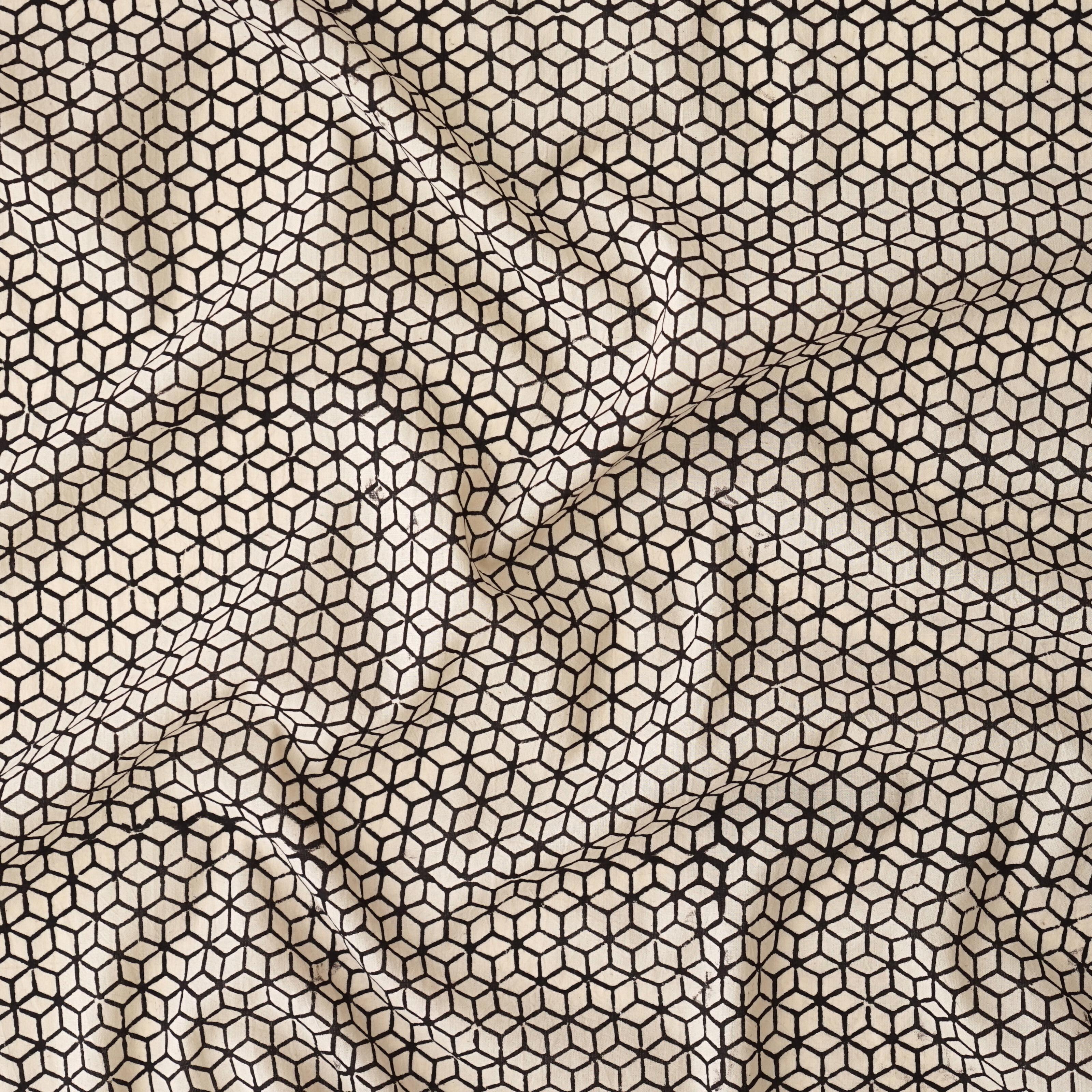 Block Printed Fabric, 100% Cotton, Ajrak Design: Beige Base, Iron Black Tumbling Block. Contrast