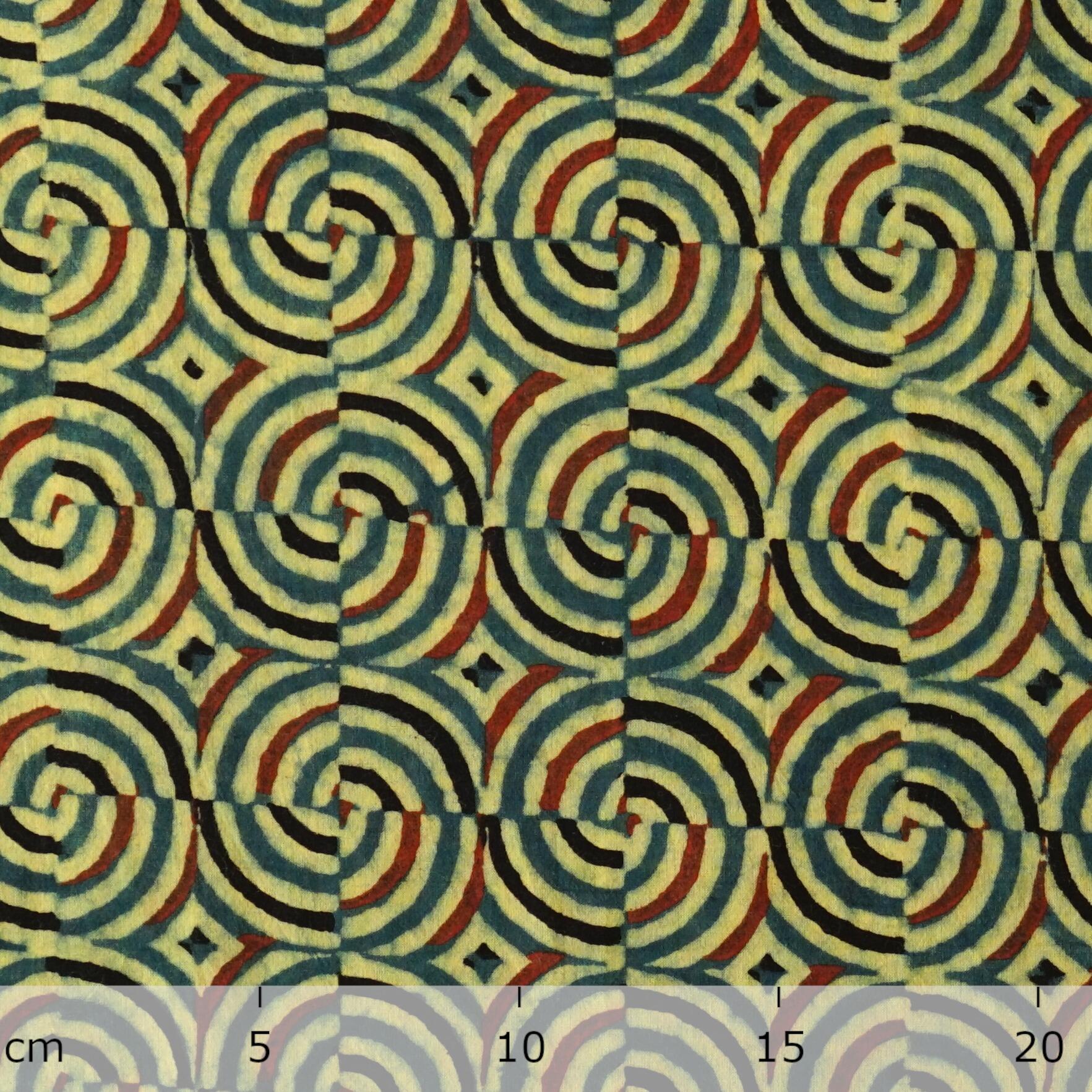 SIK41 - Wood Block-Printed Cotton - Kaleidascope Design - Green Indigo, Yellow, Red & Black Dye - Ruler
