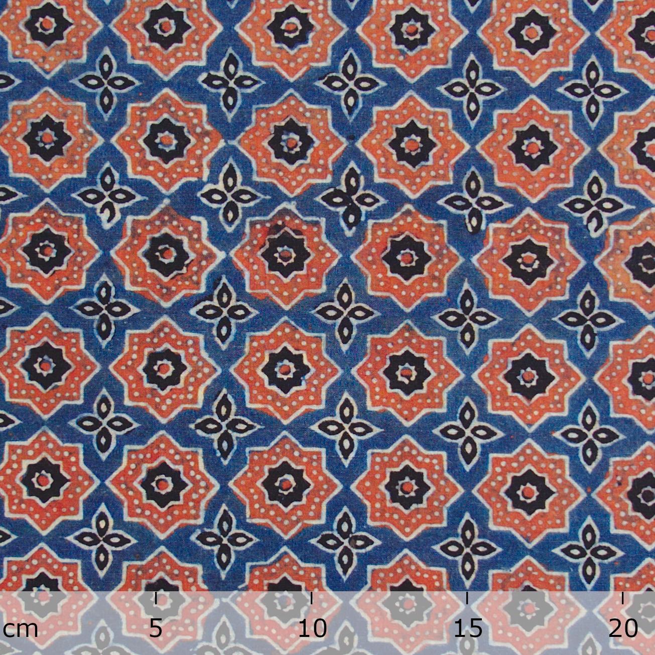 Block Printed Fabric, 100% Cotton, Ajrak Design: Blue Indigo Base, Red Madder Star. Ruler