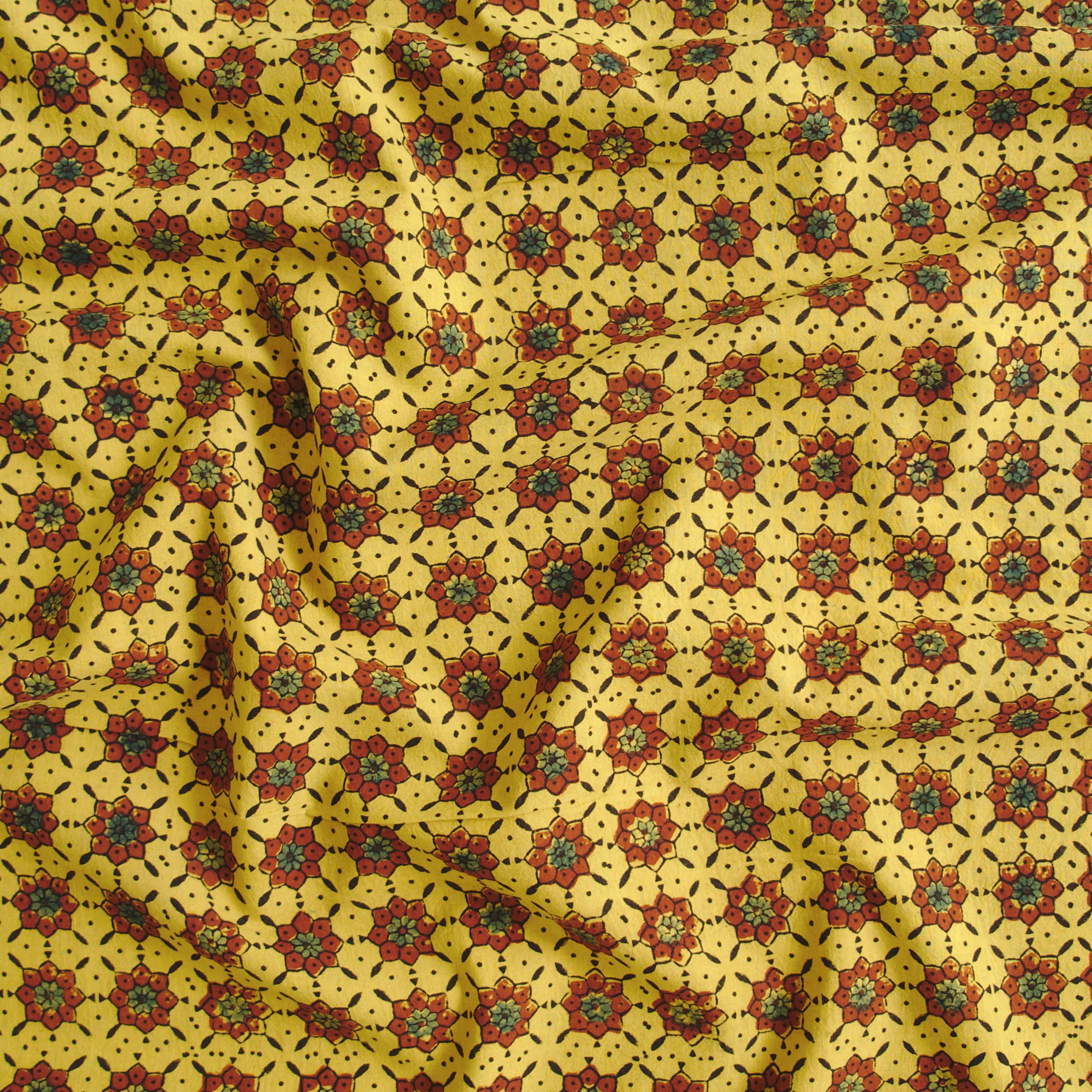100% Printed Cotton - Starburst Print - Turmeric Yellow, Alizarin Red, Black, Indigo - Contrast
