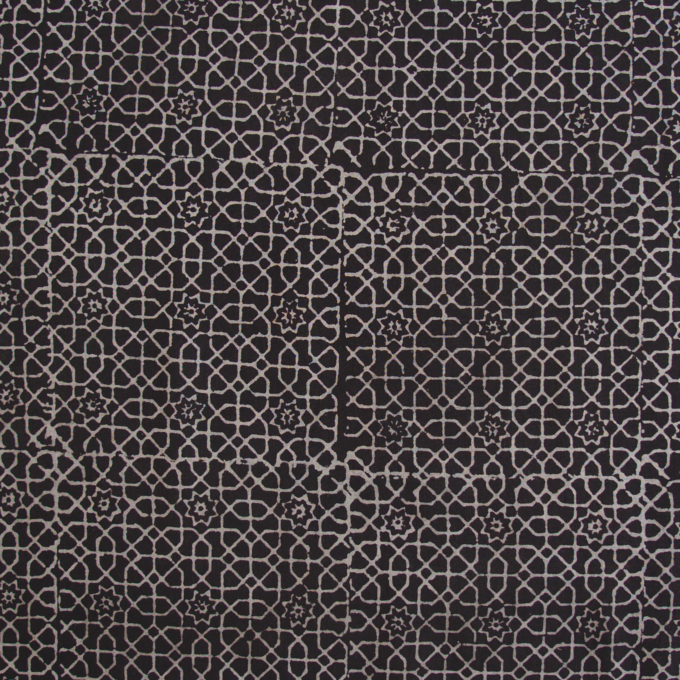 Block Printed Fabric, 100% Cotton, Ajrak Design: Iron Black Base, White Octagon. Close Up