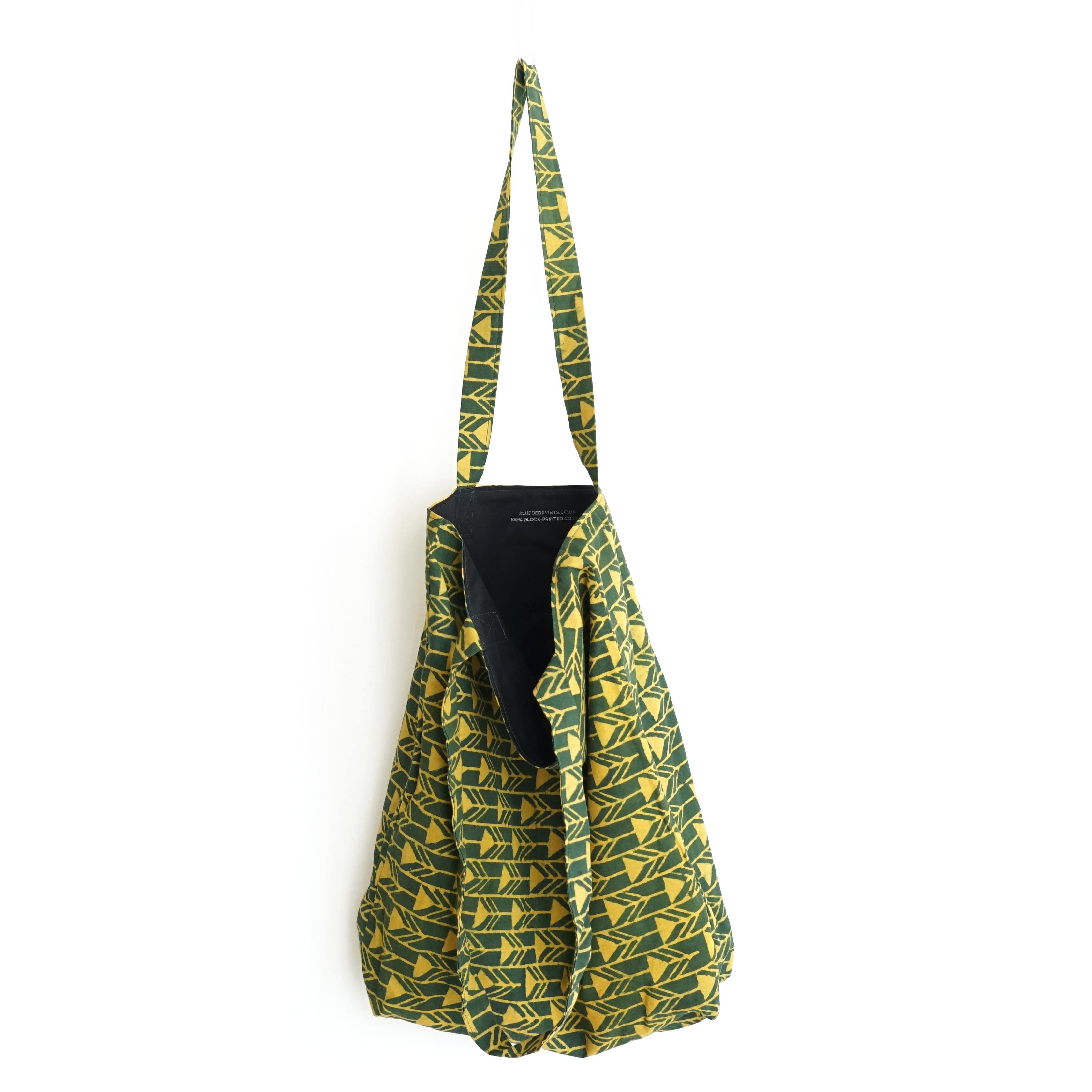 block printed cotton tote bag, green, yellow arrow design, natural dye, lined with black cotton, open