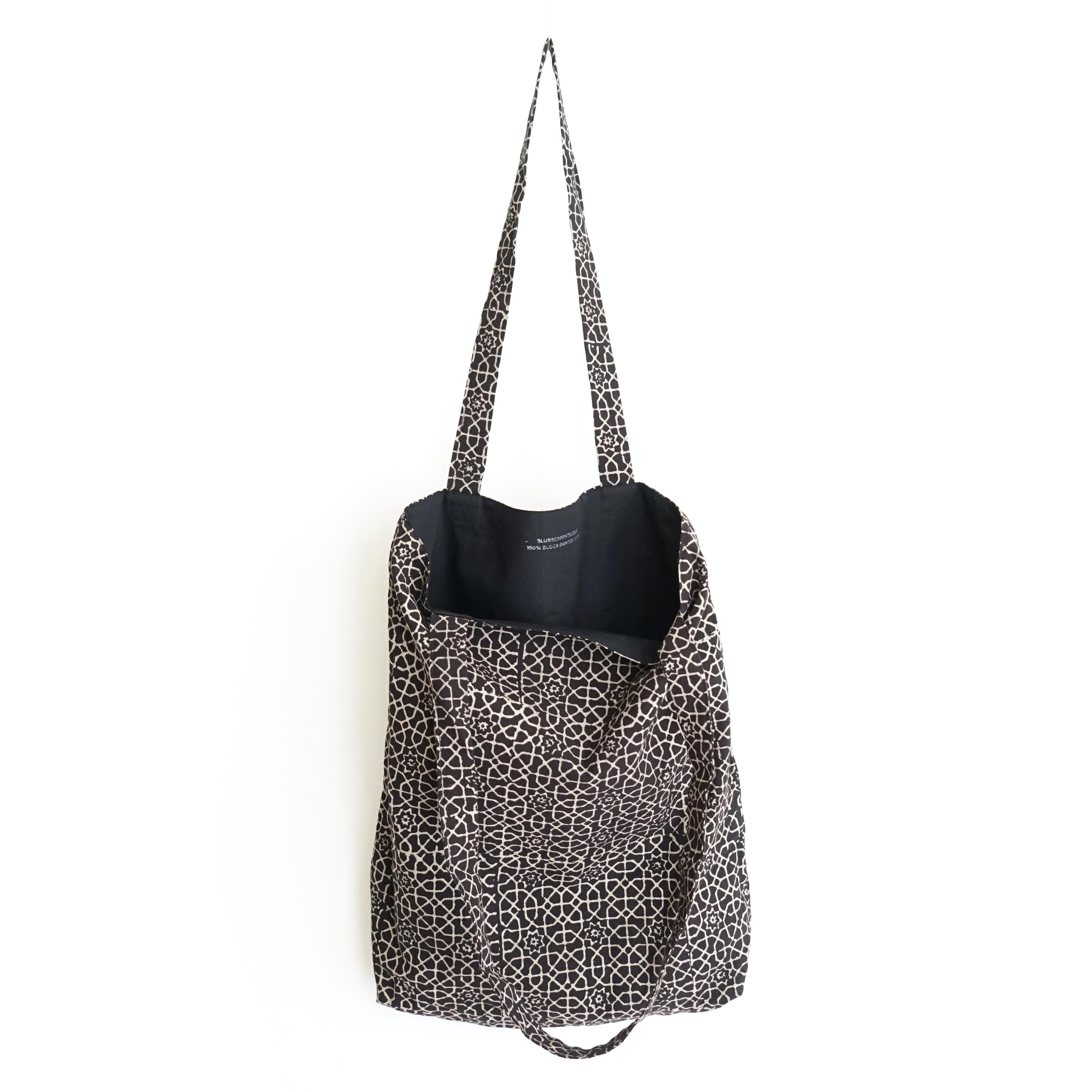 block printed cotton tote bag, natural dye, black, beige octagon design, lined with black cotton, open