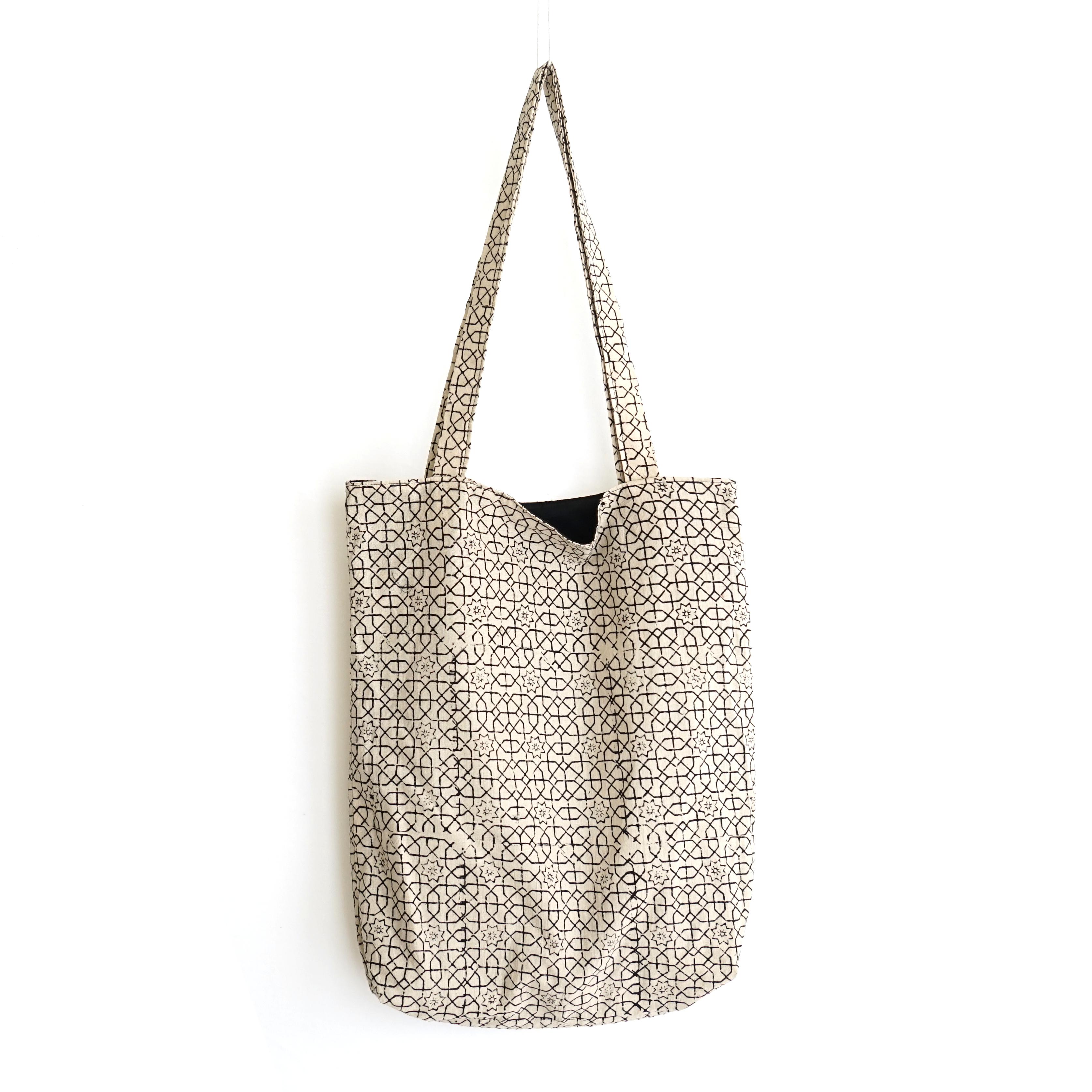 block printed cotton tote bag, natural dye, beige, black octagon design, lined with black cotton, open