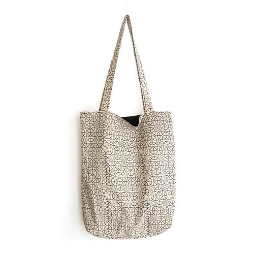 block printed cotton tote bag, natural dye, beige, black octagon design, lined with black cotton, open