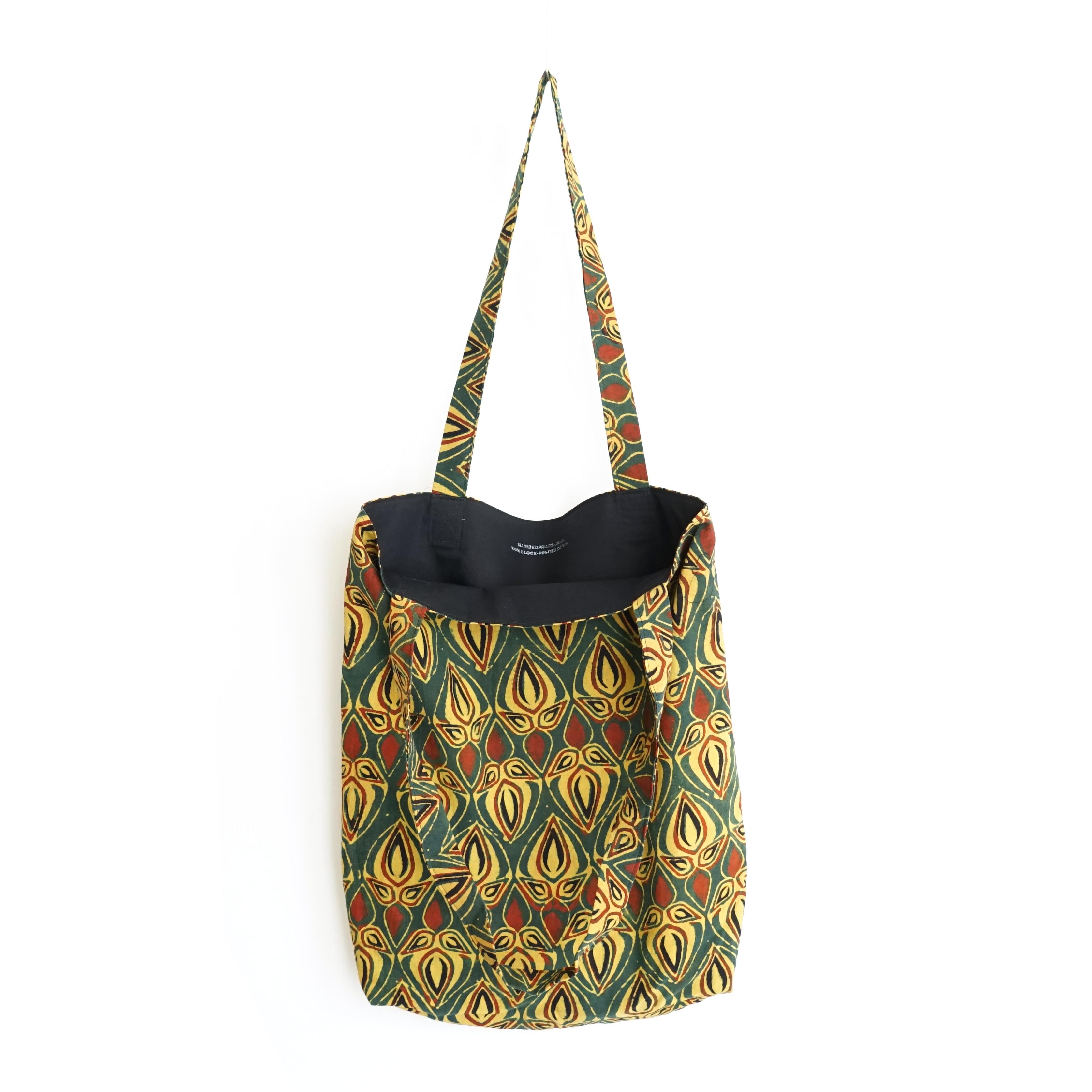 block printed cotton tote bag, green, yellow red bud, natural dye, lined with black cotton, open