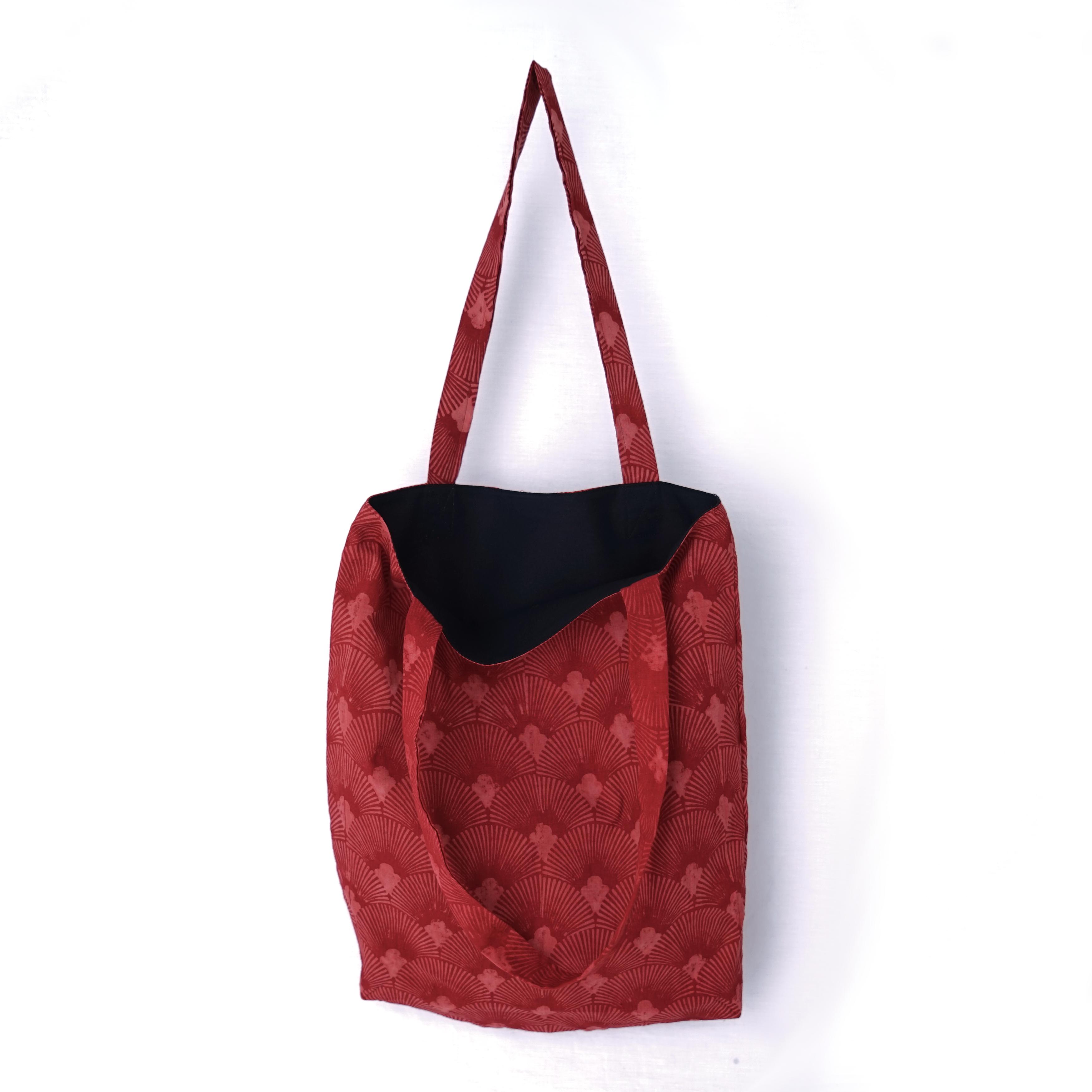 2 - TB021 - Block-Printed Tote Bag - Alizarin Red Dye - Shell Design - Open