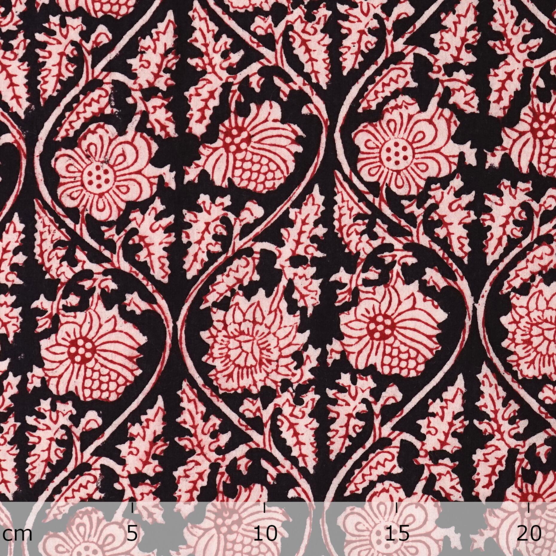 100% Block-Printed Cotton Fabric From India - Vinea Design - Iron Rust Black & Alizarin Red Dyes - Ruler