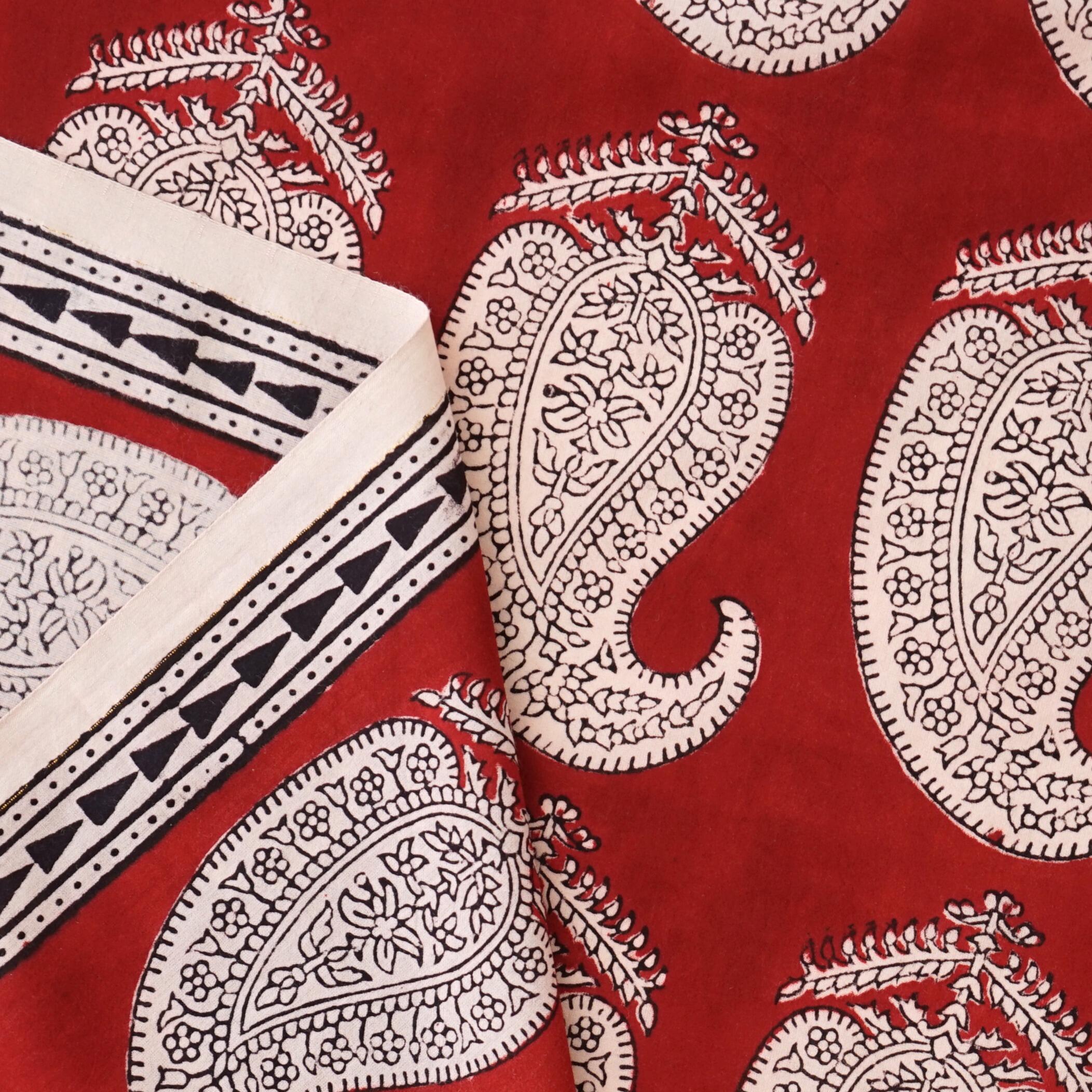 100% Block-Printed Cotton Fabric From India - Breadfruit Design - Iron Rust Black & Alizarin Red Dyes - Selvedge