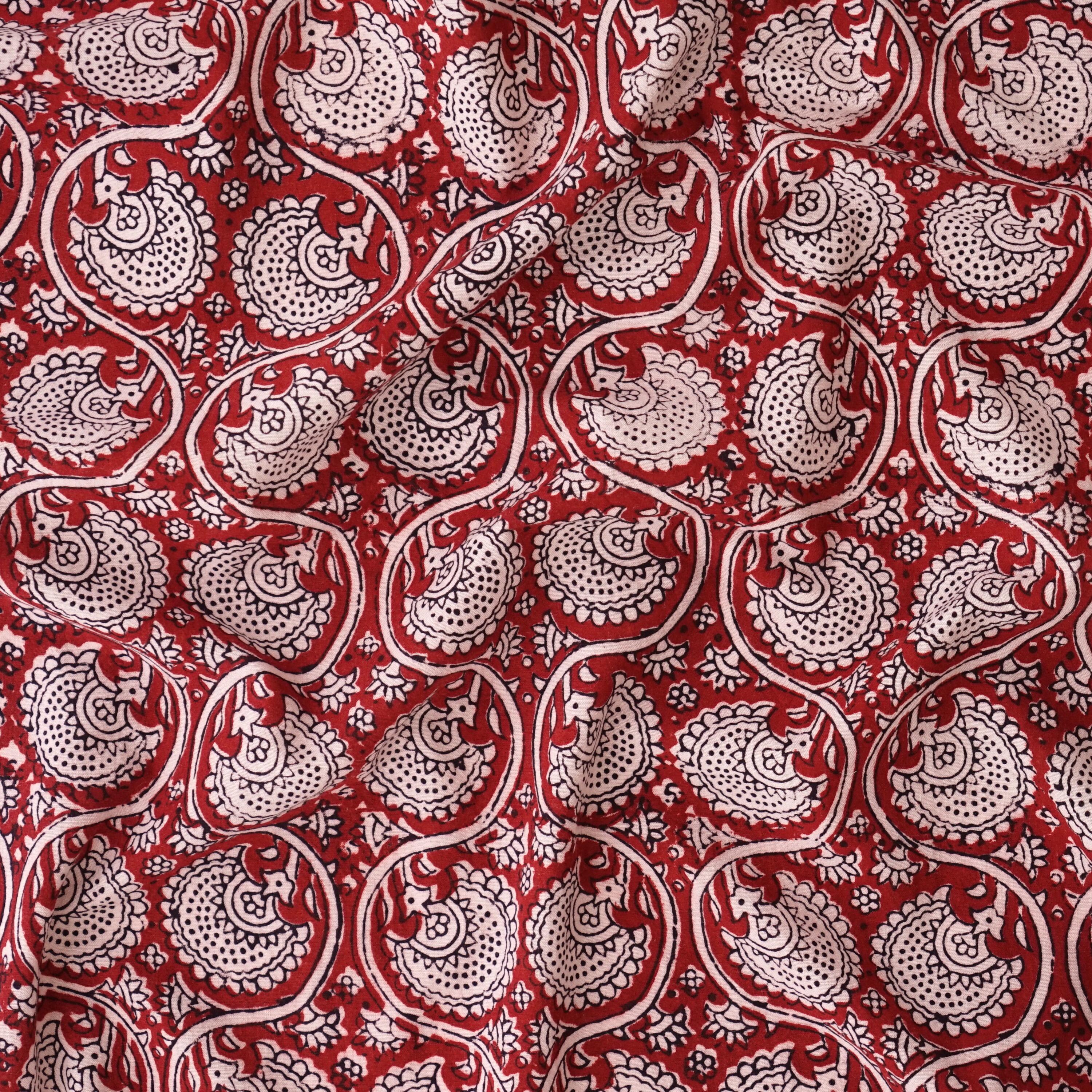 100% Block-Printed Cotton Fabric From India - Idle Moments Design - Iron Rust Black & Alizarin Red Dyes - Contrast