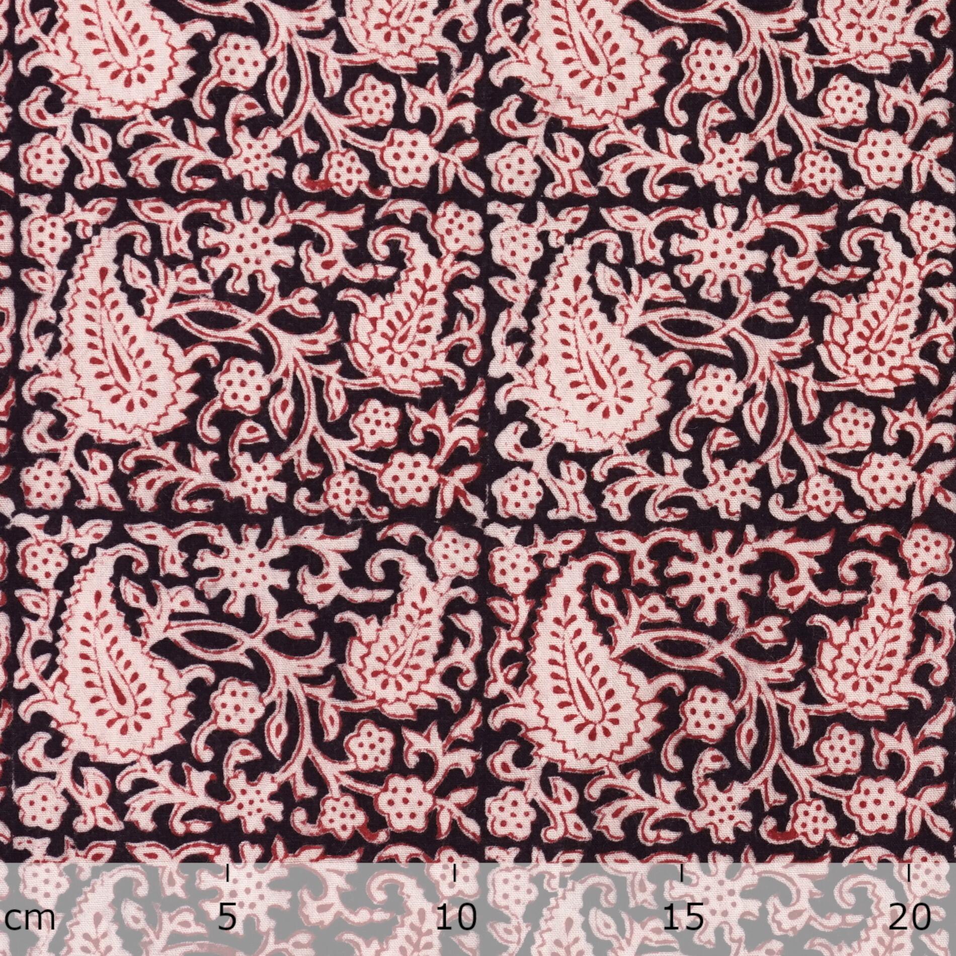 100% Block-Printed Cotton Fabric From India- Bagh - Iron Rust Black Alizarin Red Tulgey Wood Print - Ruler
