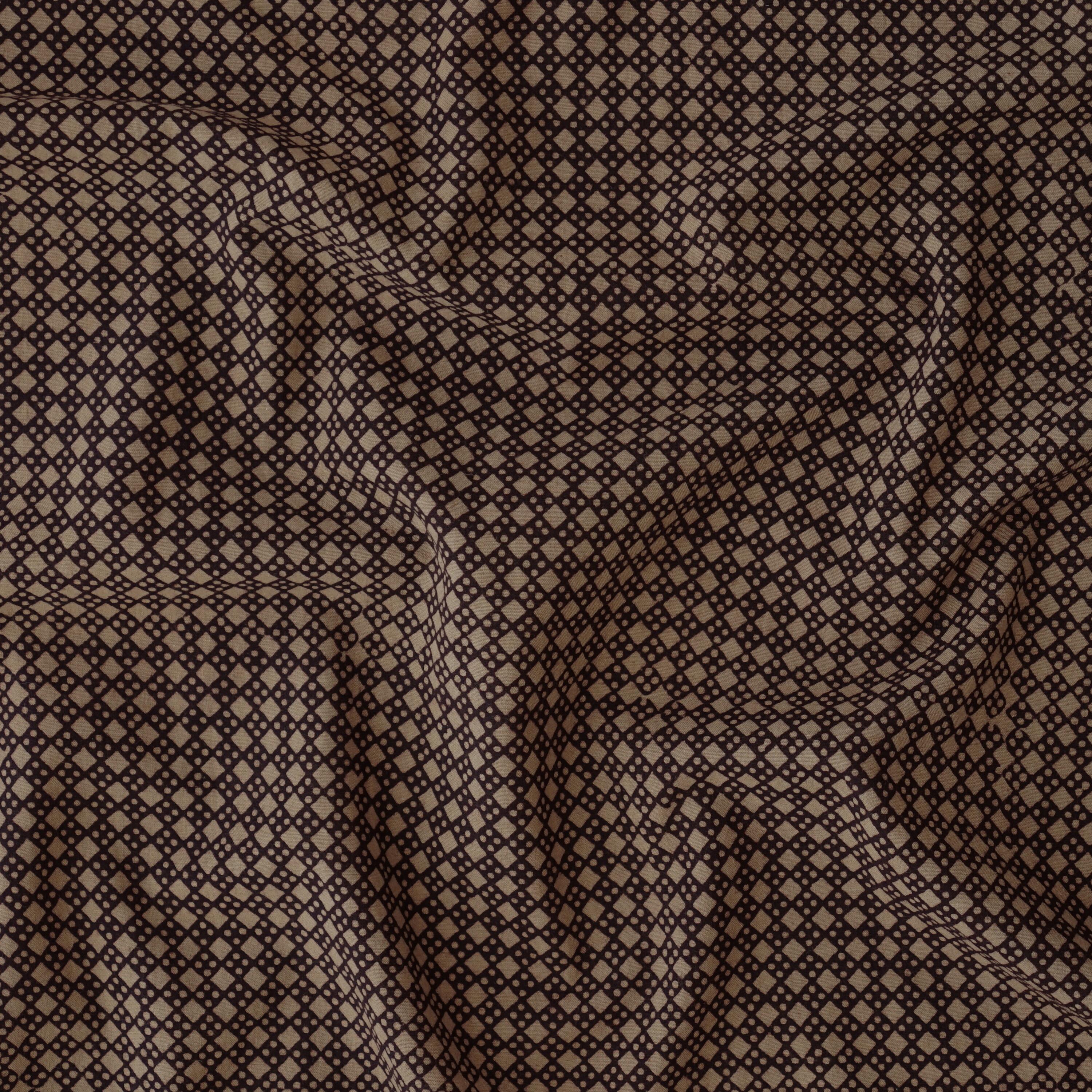 100% Block-Printed Cotton Fabric From India - Bagh Method - Iron Rust Black & Indigosol Khaki - Pressure Point Print - Contrast