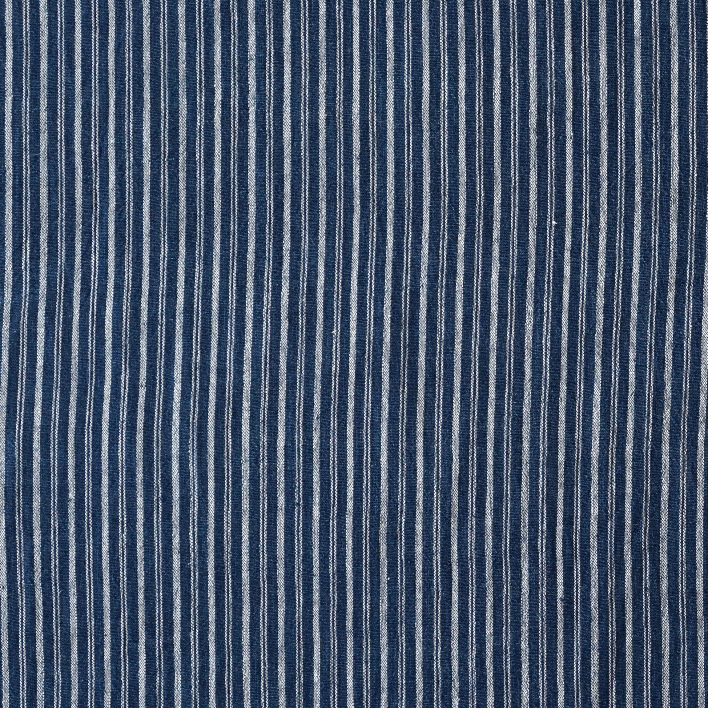 100% Handloom Woven Cotton - Double Stripes - Natural Indigo Warp & Weft, White Warp - Flat