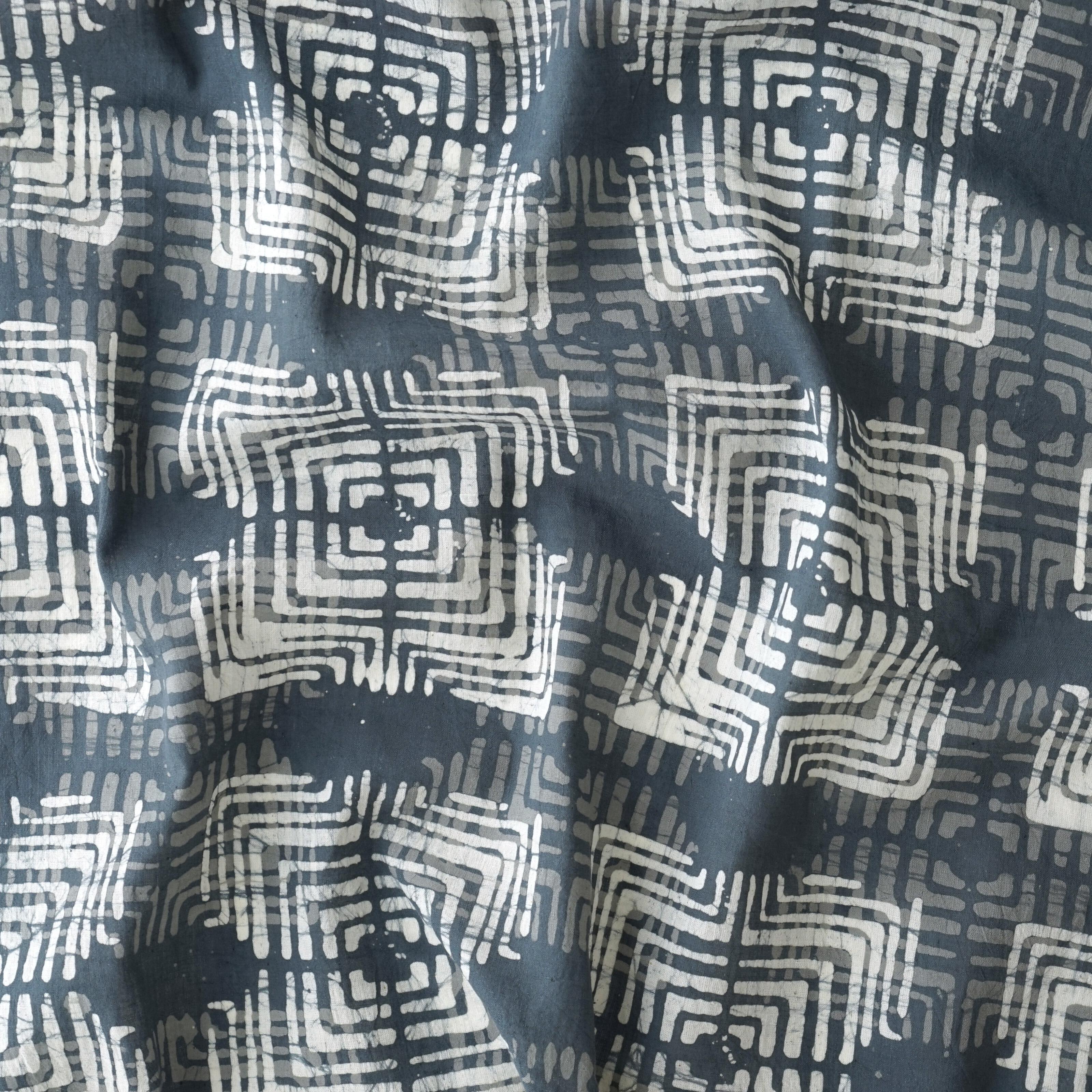 100% Block-Printed Batik Cotton Fabric From India - Mirage Design - Grey Dye - Contrast