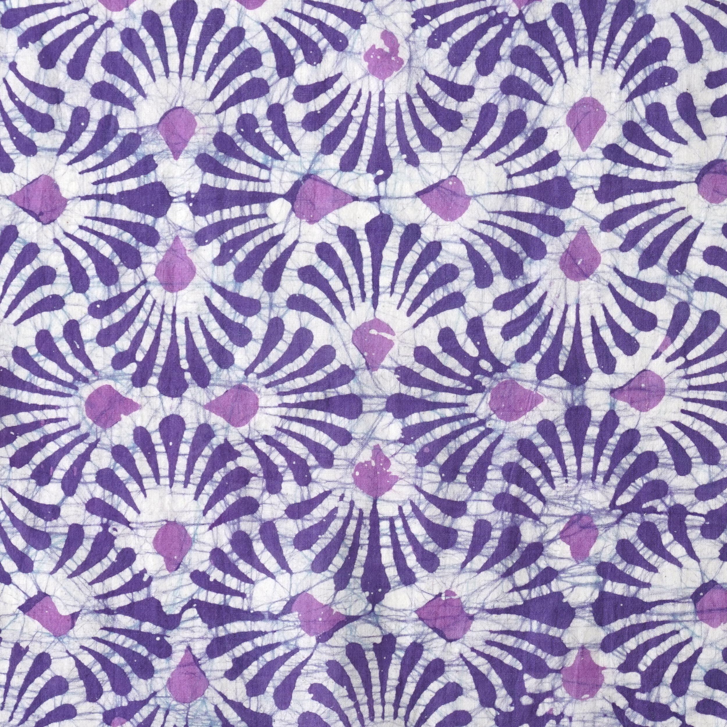 100% Block-Printed Batik Cotton Fabric From India - Castanets Design - Purple Reactive Dye - Flat