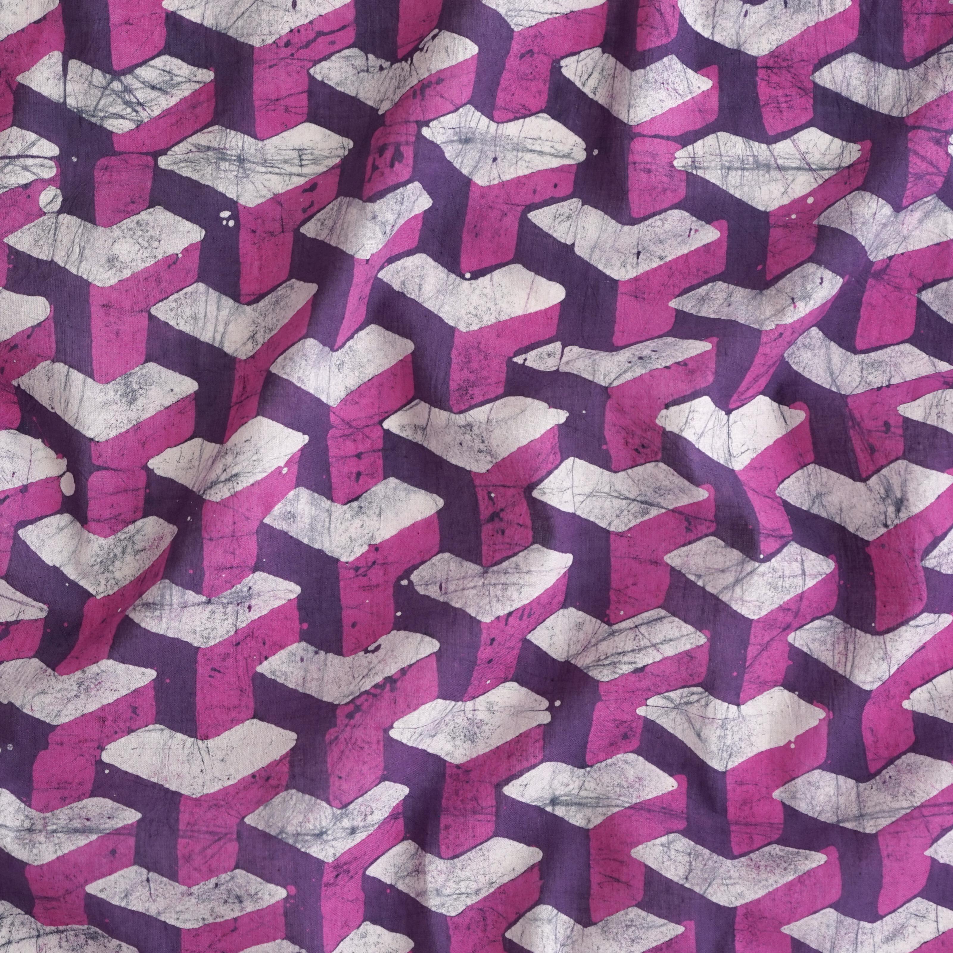 100% Block-Printed Batik Cotton Fabric From India - Purple Building Blocks Motif - Contrast